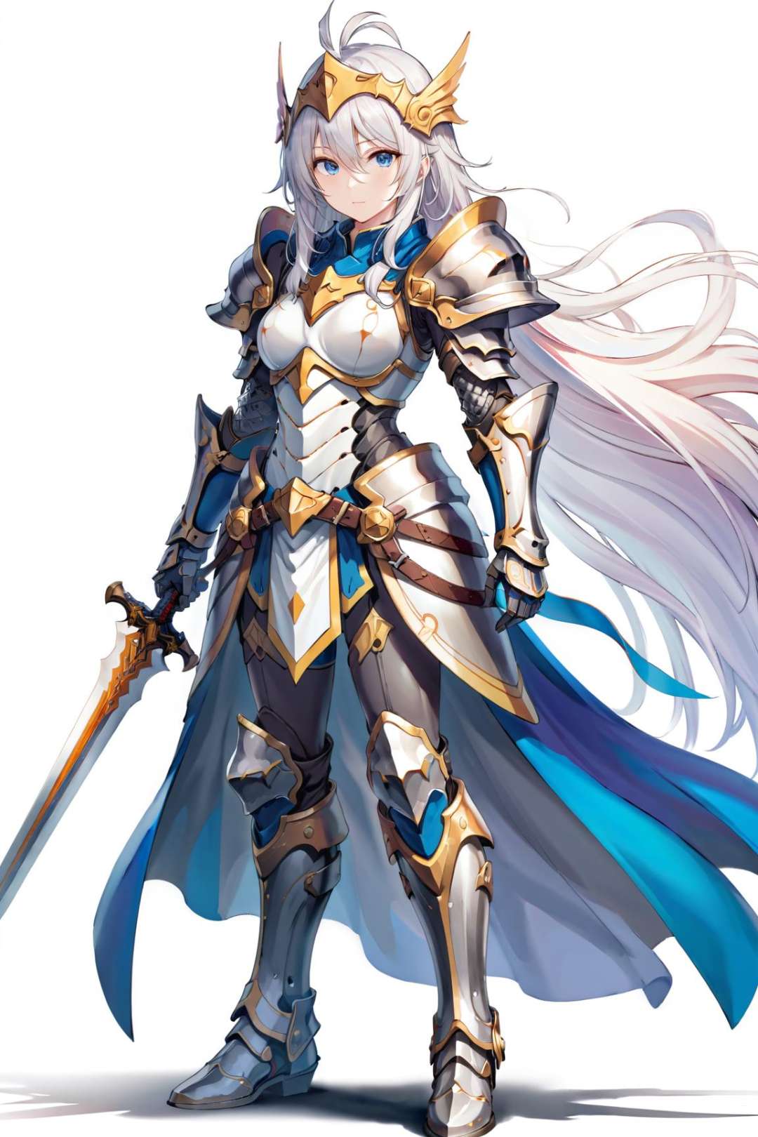 ultra-detailed,(best quality),((masterpiece)),(highres),original,extremely detailed 8K wallpaper,(an extremely delicate and beautiful),anime (动漫)full armor, armor, weapon, solo, sword, holding weapon, white background, helmet, holding sword, gauntlets, holding, simple background, shoulder armor, pauldrons, standing, knight, full body, greaves, faulds, boots, breastplate, ambiguous gender, armored boots, 1girl, female focus,