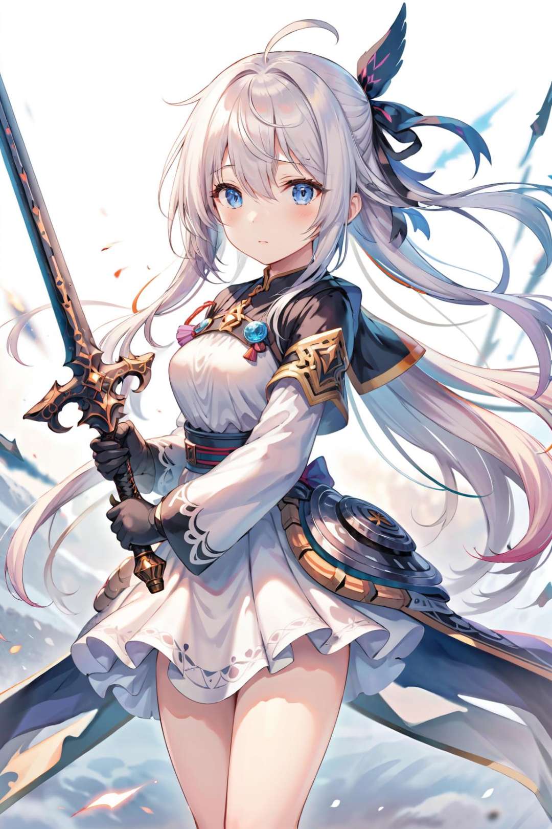 ultra-detailed,(best quality),((masterpiece)),(highres),original,extremely detailed 8K wallpaper,(an extremely delicate and beautiful),best handanime (动漫)1girl, holding weapon, simple background, white background, 