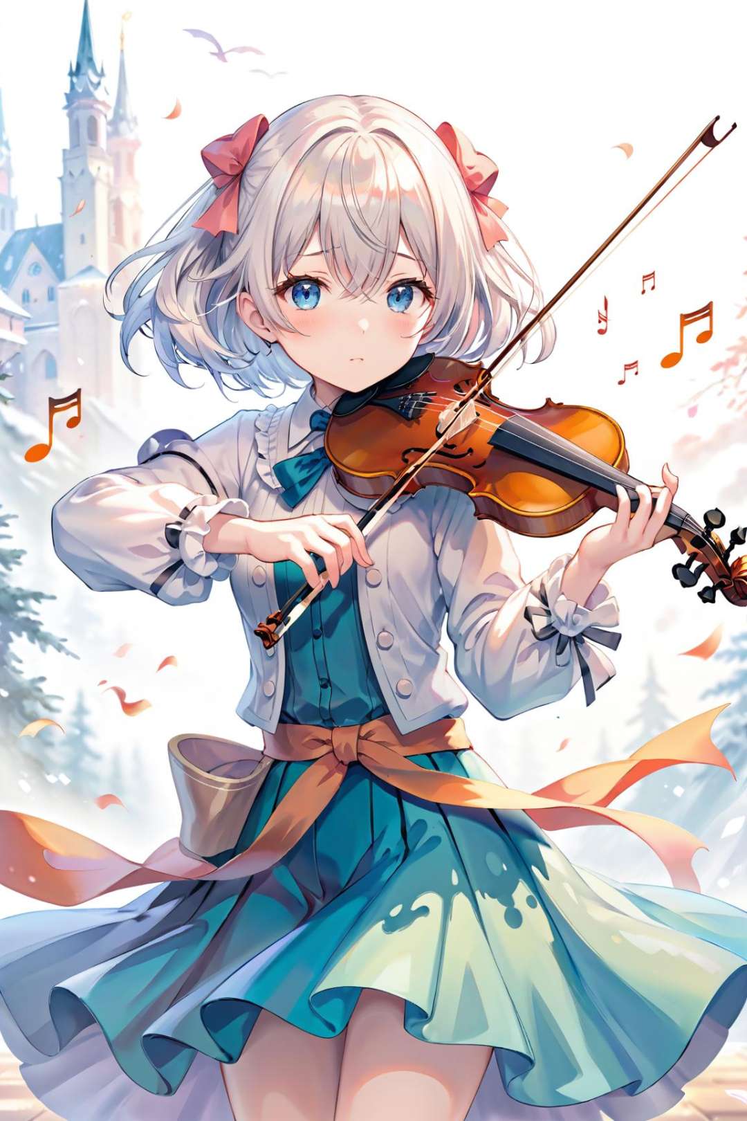 ultra-detailed,(best quality),((masterpiece)),(highres),original,extremely detailed 8K wallpaper,(an extremely delicate and beautiful),best handanime1girl, playing the violin , holding bow, simple background, white background,