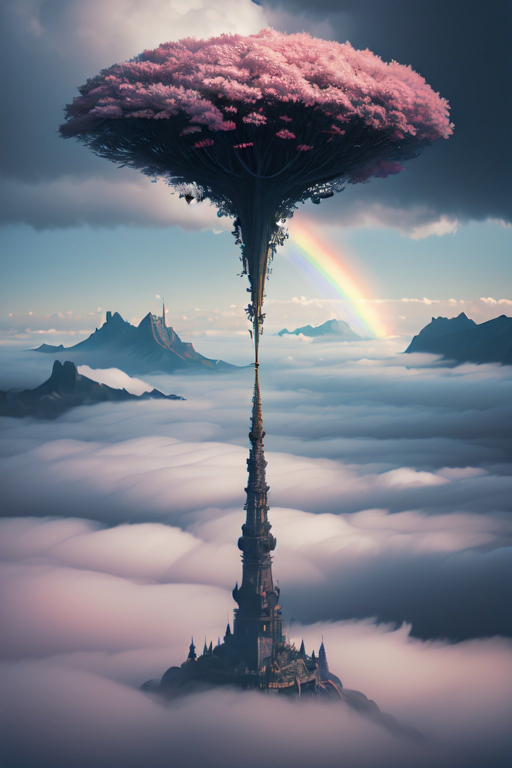a surreal view of clouds, by Tom Froud, surreal art contest winner, dreamlike, pink clouds, rainbow skies, fluffy, abstract clouds, fantasy, dreamworld, surreal landscapes, cloud castles, floating gardens, impossible structures, secret gardens, a journey through a dream, enchanted skies, mysterious beauty, mythical