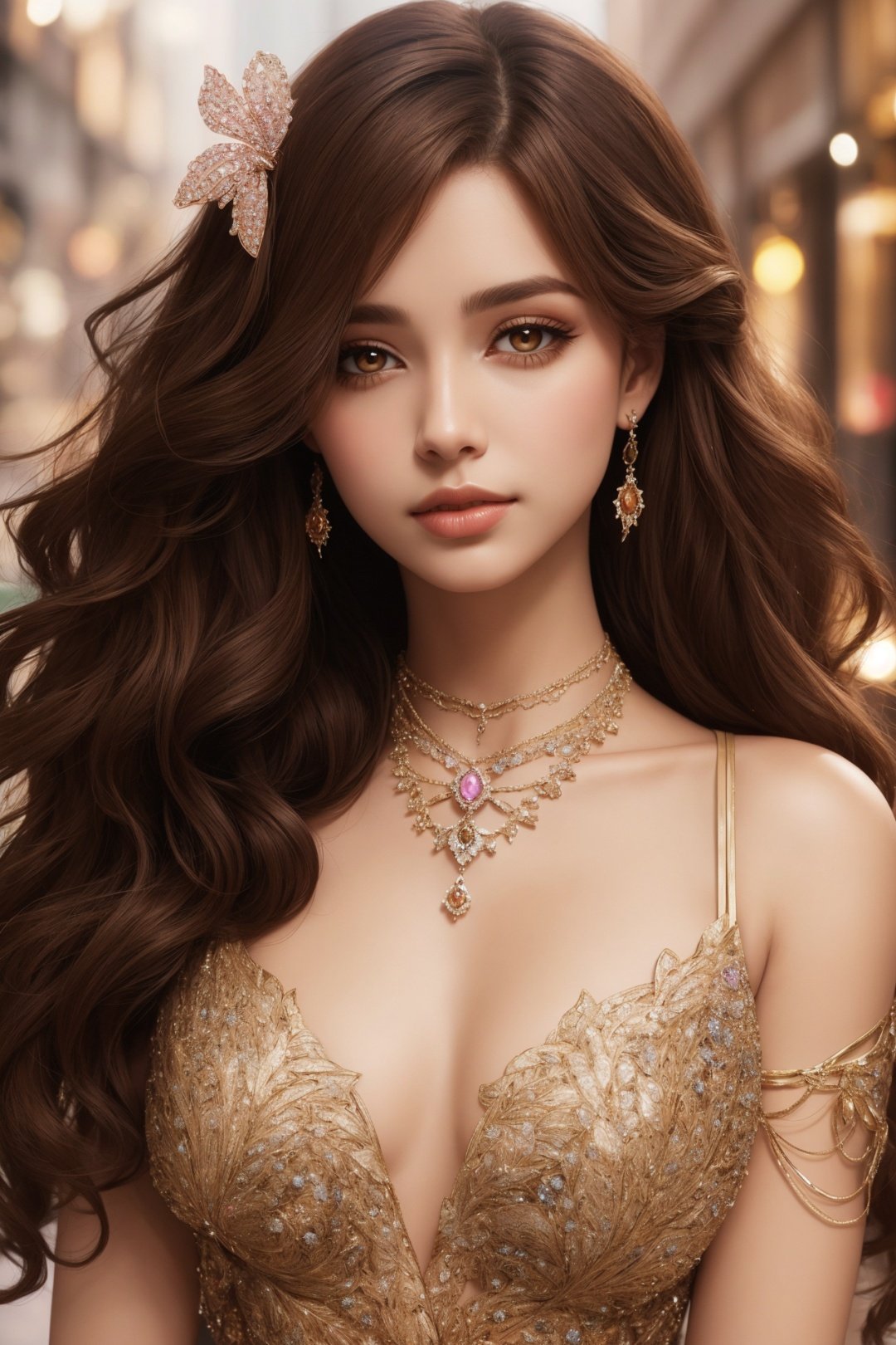 1girl\(long brown curly hair, an extremely luxurious butterfly necklace, make up, ((eyeshadow))\),BREAK, diamond necklace with butterfly symbol\(luxurious, sparkling, ultra detailed\), close up, abstract background, cinematic, CGArt Butterfly, one colorful butterfly