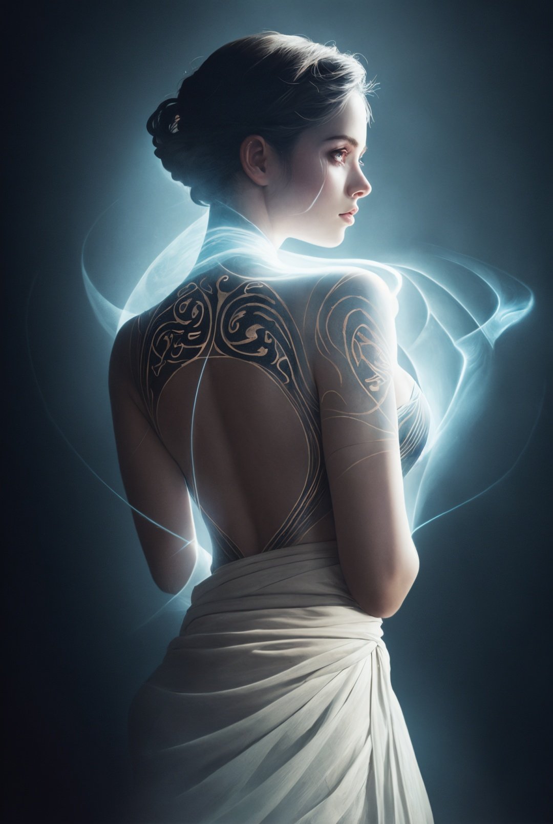 Double Exposure Style, Volumetric Lighting, a girl with Wrap top,arching her back,Traditional Attire,Artistic Calligraphy and Ink, light depth, dramatic atmospheric lighting, Volumetric Lighting, double image ghost effect, image combination, double exposure style
