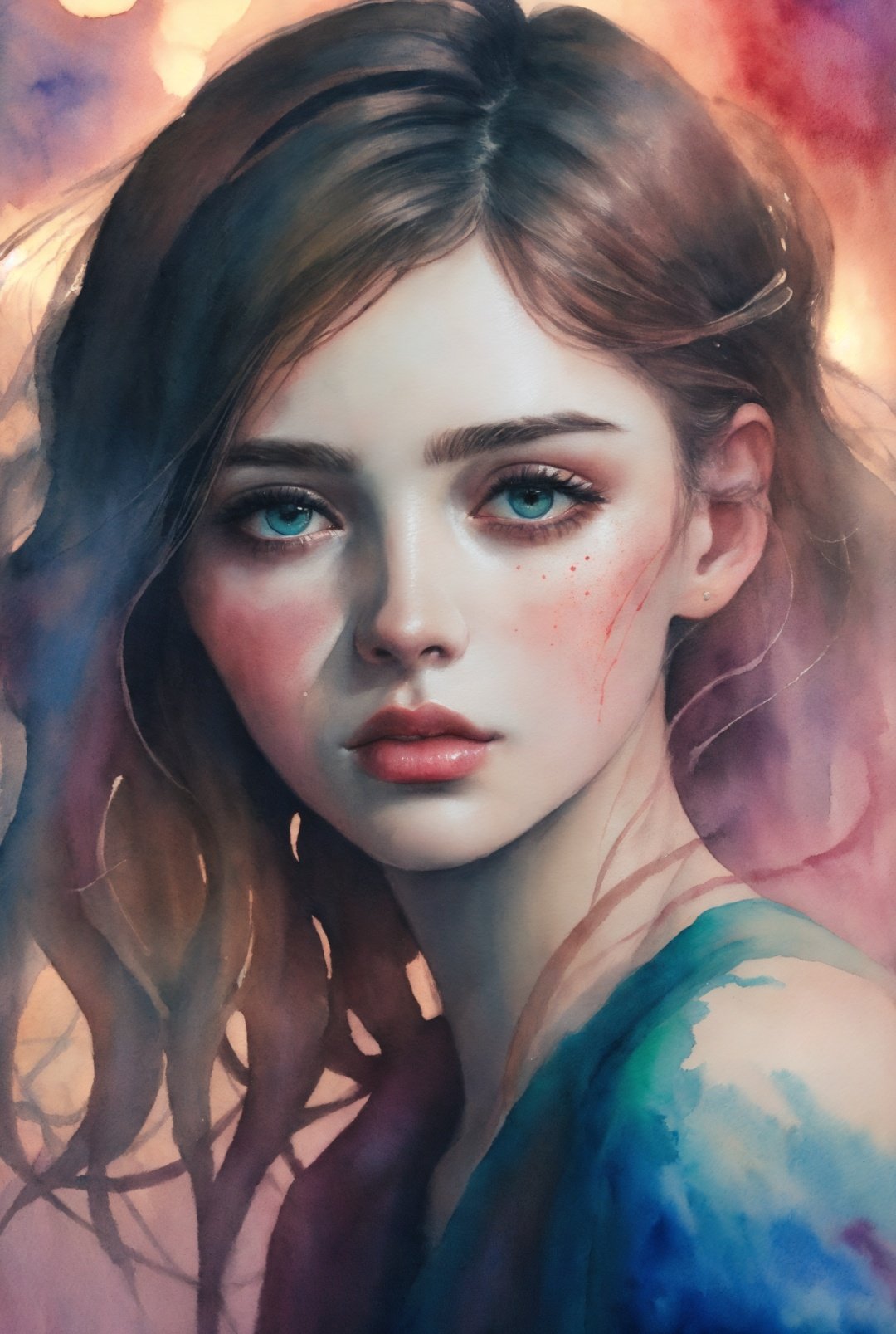 (8k, best quality, masterpiece:1.2),(best quality:1.0), (ultra highres:1.0), watercolor, a beautiful woman, shoulder, hair ribbons, by agnes cecile, half body portrait, extremely luminous bright design, pastel colors, (ink:1.3), autumn lights, watercolor 
