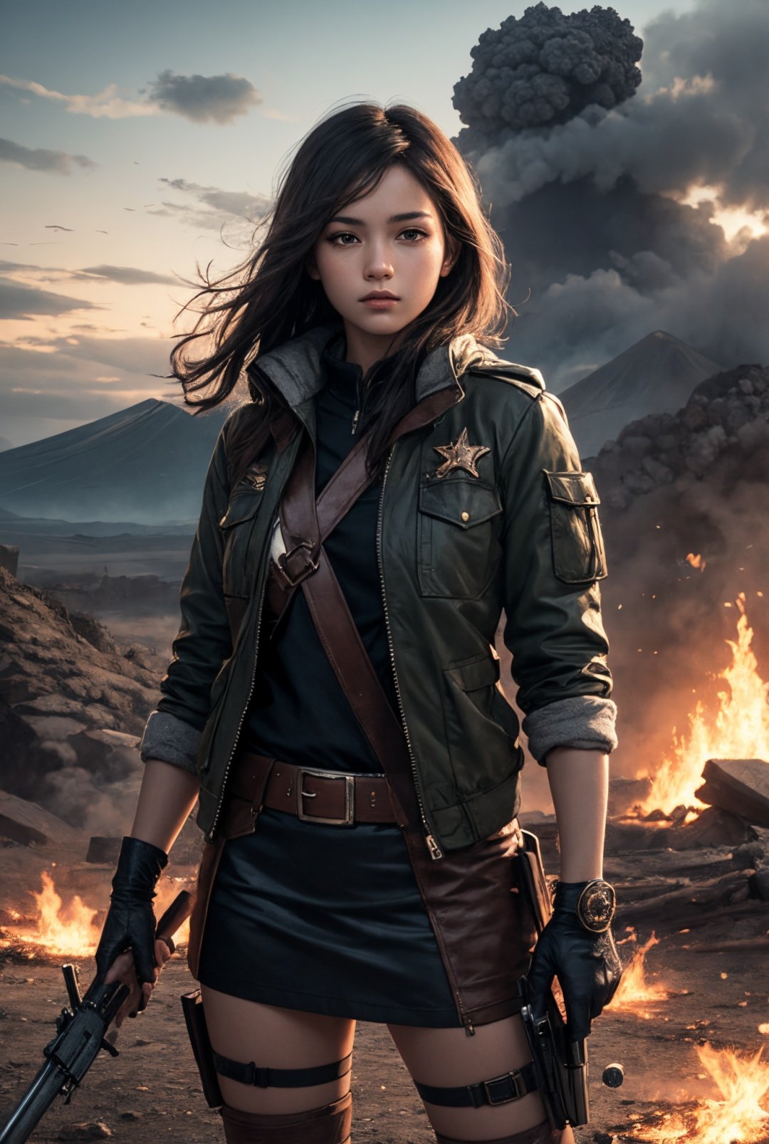 masterpiece,best quality,official art,extremely detailed CG unity 8k wallpaper,1girl,open jacket,cowboy shot, holding weapon, skirt,battlefield, ruins, volcano,