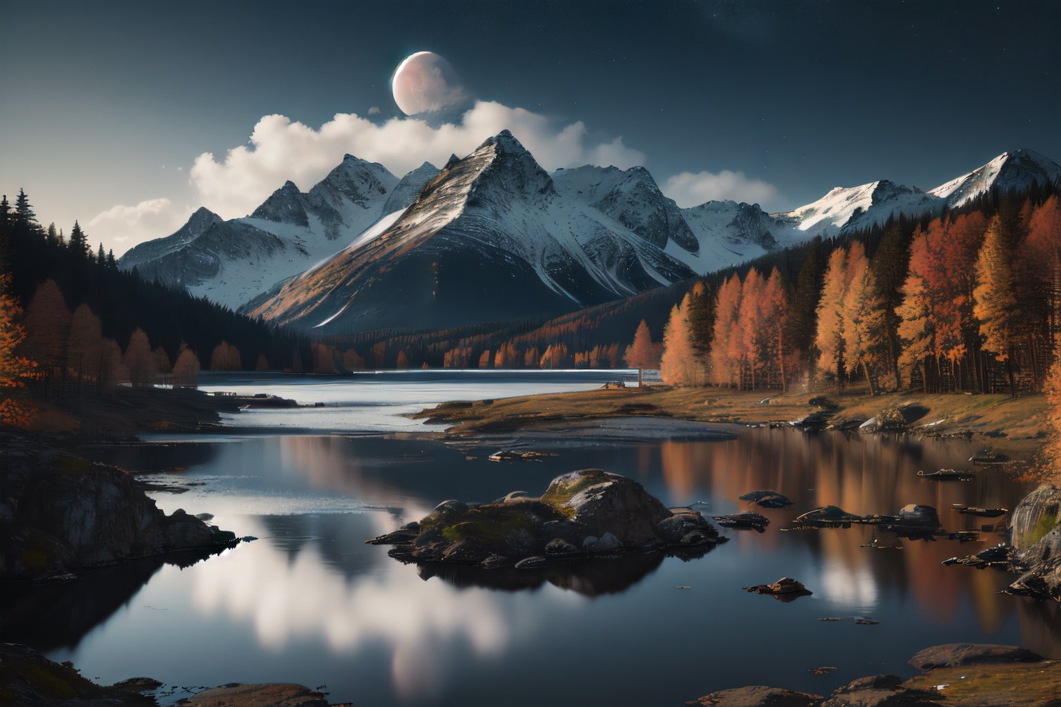 photo RAW,(autumn,mountains and a storm lake with a moon in the sky, old wooden slab home, 4k highly detailed digital art, 4 k hd wallpaper very detailed, impressive fantasy landscape, sci-fi fantasy desktop wallpaper, 4k wallpaper, 4k detailed hdr photography, sci-fi fantasy wallpaper, epic dreamlike fantasy landscape, 4k hd matte, 8k,Realistic, reali**, hd, 35mm photograph, 8k), masterpiece, award winning photography, natural light, perfect composition, high detail, hyper realistic, (composition centering, conceptual photography), realistic, detailed, balanced, by Trey Ratcliff, Klaus Herrmann, Serge Ramelli, Jimmy McIntyre, Elia Locardi