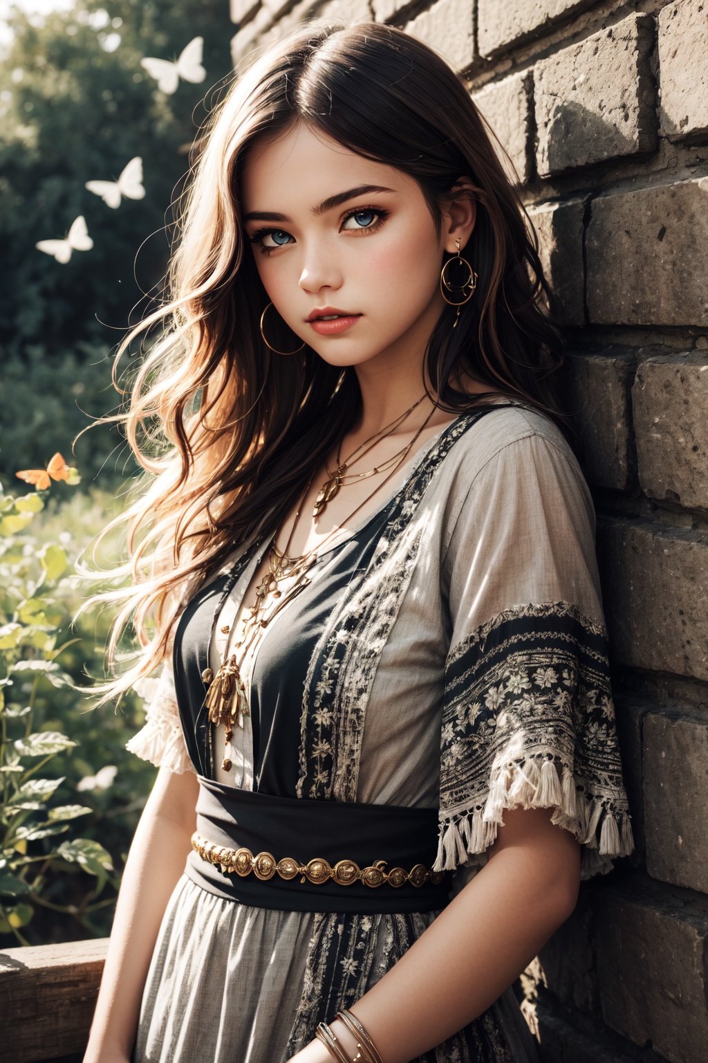 masterpiece, best quality,ultra-detailed,ultra high res, by cgart_firefly, 1girl\(portrait, bohemian style, flowing dresses, layered clothing, earthy colors, fringe accessories, ethnic prints, natural fabrics\), (butterfly),BREAK,artistic designs, cinematic