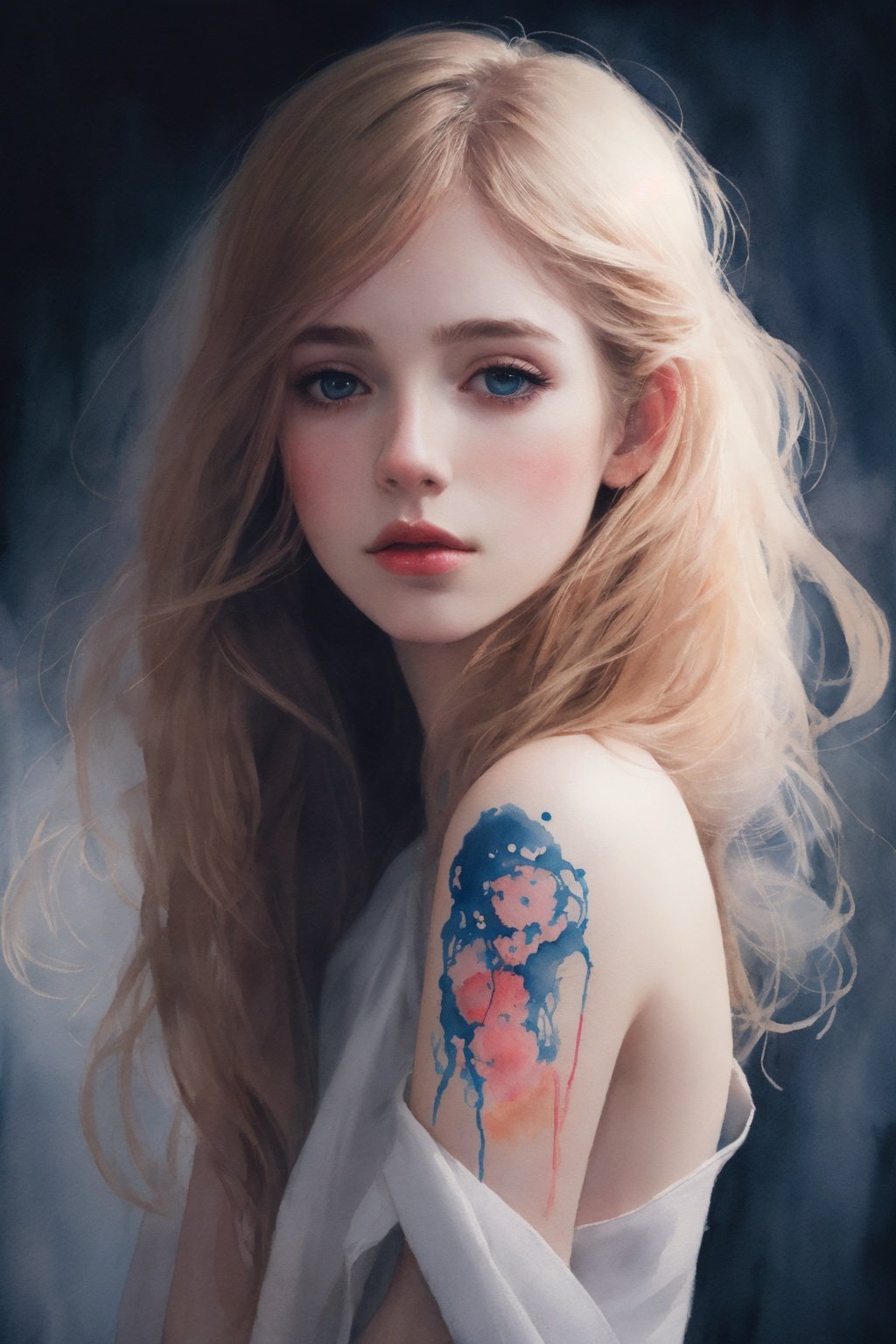 (8k, best quality, masterpiece:1.2),(best quality:1.0), (ultra highres:1.0), watercolor, a beautiful woman, shoulder, hair ribbons, by agnes cecile, half body portrait, extremely luminous bright design, pastel colors, (ink:1.3), autumn lights, watercolor