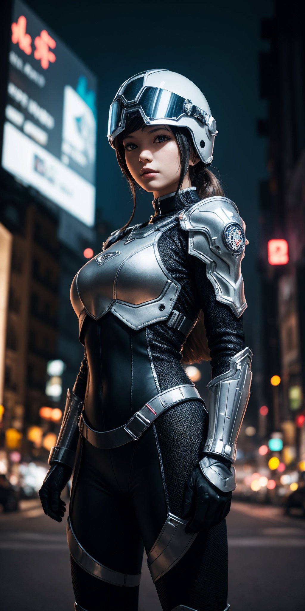 1girll, Humanity,Put on bio armor, shelmet, Fully enclosed helmet, (Solo:1.5),dynamicposes, Cyber city background,best qualtiy,tmasterpiece,c4d,City background lights, Leica 50mm f/1.9, CGArt