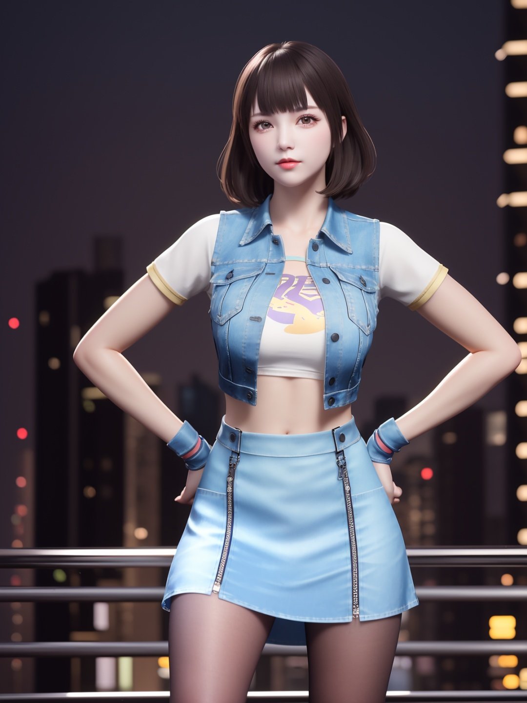 CFkongBW, 1girl, solo, pantyhose, fingerless gloves, short hair, denim skirt, midriff, black hair, denim jacket, bangs, lips, brown eyes, shirt, <lora:CFkongBW:0.75>,cityscape, night, looking at viewer, mature female, standing, hand on hip, 