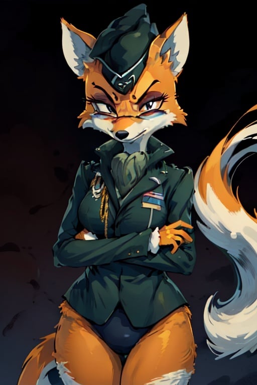 masterpiece, best quality, simple background, female anthro fox, canine, detailed fluffy fur, fur pattern,
foxvixen, 1girl, solo, looking at viewer, cowboy shot, military uniform, 