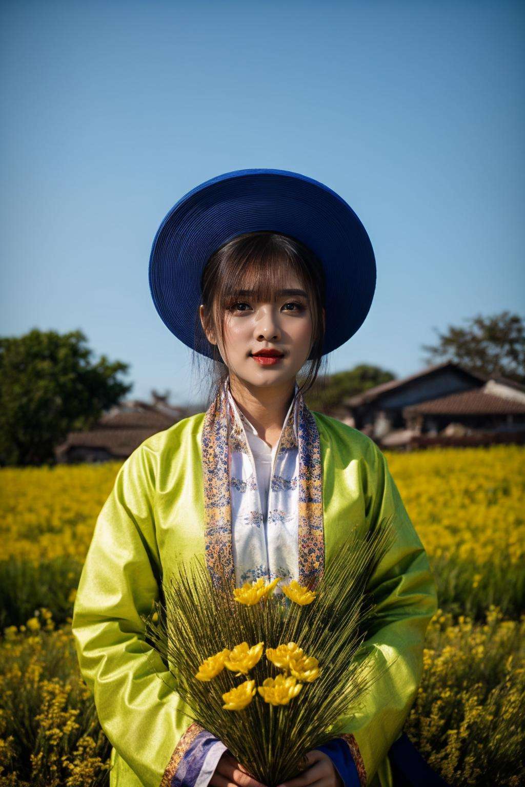 a woman in a colorful nhat binh, <lora:Nhatbinh_Lora-000009:0.65>, nhat_binh, wearing nhat binh, ((upper body:0.8)), outdoors, plant, flower, landscape, looking at viewer, <lora:VietnameseDollLikeness-000006:0.65>, (masterpiece,best quality:1.5)