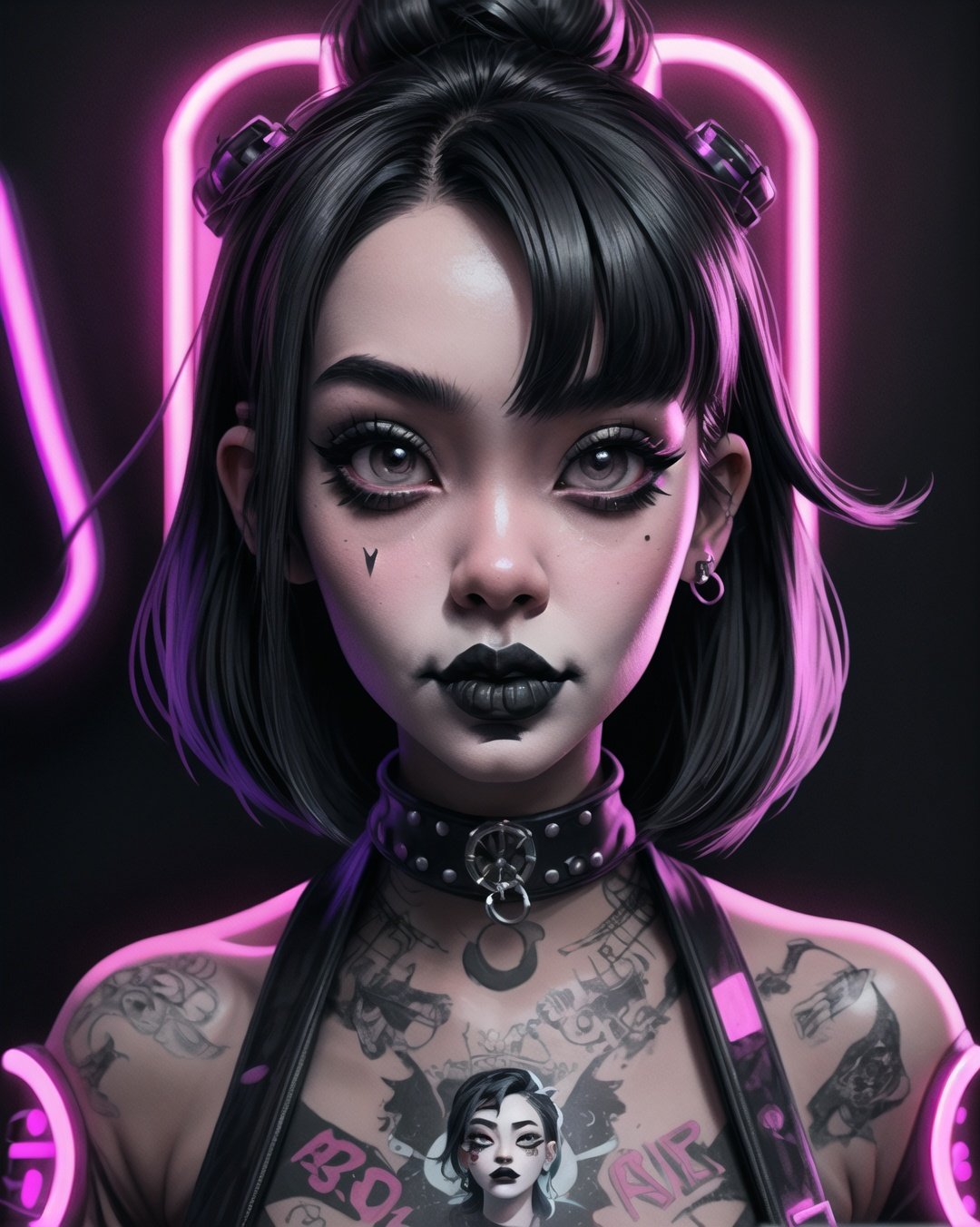 (masterpiece, best quality), 1girl, 22 years old,    punk,  black hair, black lipstick, background neon lights ,SAM YANG,3DMM,