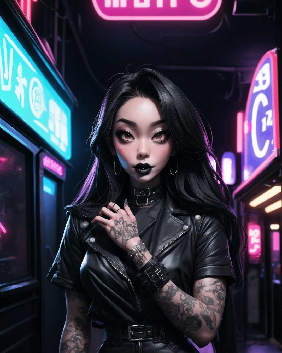 (masterpiece, best quality), 1girl, 22 years old,    punk,  black hair, black lipstick, background neon lights ,SAM YANG,3DMM,kaijin_hime_do-s_aiwaifu,do-s_unmasked_aiwaifu