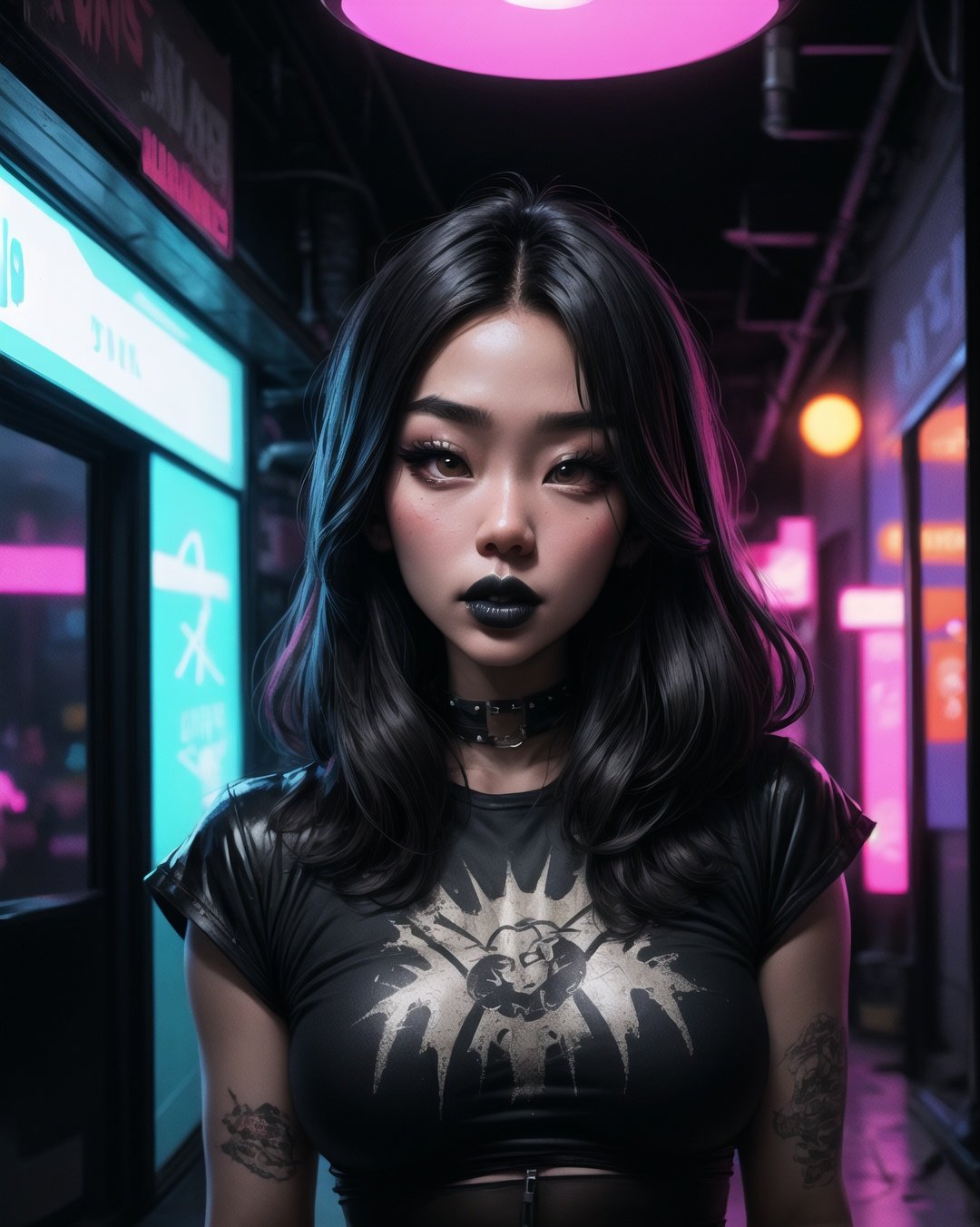 (masterpiece, best quality), 1girl, 22 years old,    punk,  black hair, black lipstick, background neon lights ,SAM YANG