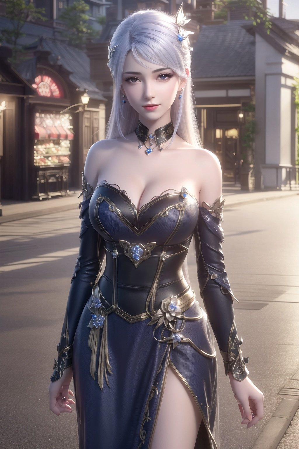 ((beautiful face)), extremely delicate facial,(best quality),(extremely detailed cg 8k wallpaper), fmasterpiecel, an extremely delicate and beautiful, extremely detailed,intricate,photorealistic,cyberpunk, hyper detailed,realistic, from front,looking at viewer,(standing:1.5),(smile:1.2),arm,cleavage,large breasts, collarbone,bare shoulders, jewelry, hair ornament, lips, 1girl, solo, ear piercing, sapphire hair accessories,long hair,white hair, <lora:solo_20230810213359-000007:0.5>