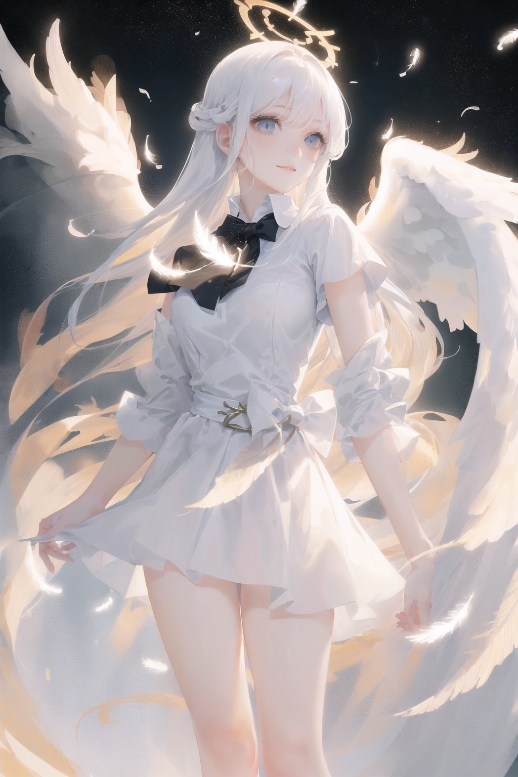 art by Cornflower, dreamy,(1girl,1girl, (realistic:1.3),isometric figure, (tachi-e:1.2), (transparent background:1.4), (white background:1.4), (beautiful detailed face:1.4), Holy Light, dynamic angle, (angel), solo, (loli:1.3), Light particle, very_long_hair, white_hair, expressionless, light smile, [[[[white Tulle skirt]]]], (white silk), looking_at_viewer, ((angel wings:1.2), (large wings), multiple_wings, (angel halo:1.2), [[[starry sky]]], Floating light spot, Lots of feathers) 