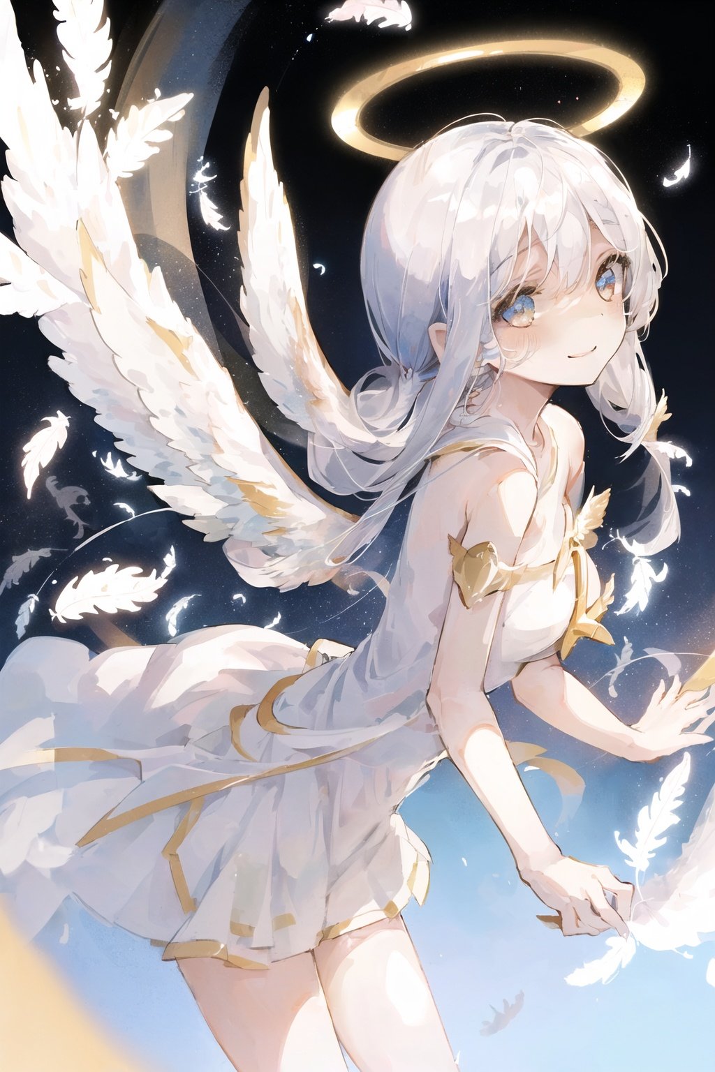 art by Cornflower, dreamy,(1girl,1girl, (realistic:1.3),isometric figure, (tachi-e:1.2), (transparent background:1.4), (white background:1.4), (beautiful detailed face:1.4), Holy Light, dynamic angle, (angel), solo, (loli:1.3), Light particle, very_long_hair, white_hair, expressionless, light smile, [[[[white Tulle skirt]]]], (white silk), looking_at_viewer, ((angel wings:1.2), (large wings), multiple_wings, (angel halo:1.2), [[[starry sky]]], Floating light spot, Lots of feathers)  <hypernet:Cornflower_Mirage:1>