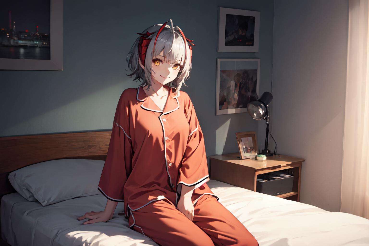 <lora:Wark-04:1>, 1girl, yellow eyes,  short hair, grey hair, solo, demon horns, pajamas, sleepwear, bedroom, bed, sitting, crossed legs, standing, smile   facing viewer, depth of field, bokeh, telephoto, hand in pocket, 