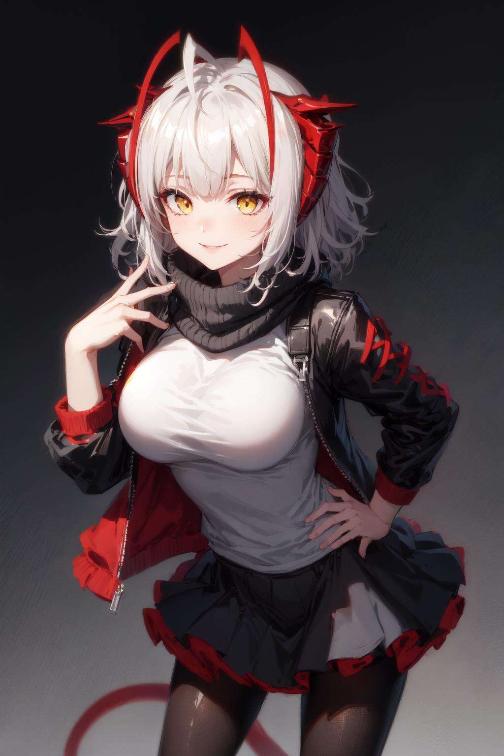 <lora:Wark-04:1>, 1girl, yellow eyes,  short hair, grey hair, solo, demon horns, black jacket, grey shirt, open clothes, pantyhose, large breast, black scarf, black skirt, antennae, ahoge <lora:add_detail:0.7>, standing, hand on hip, smile