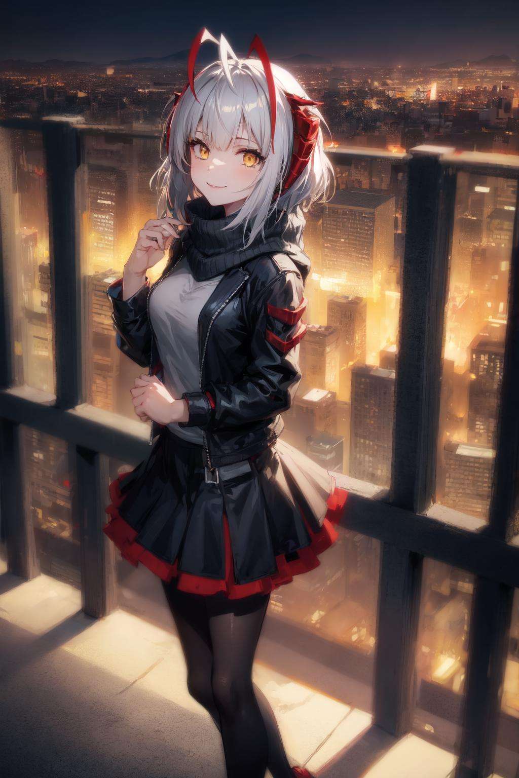 <lora:Wark-04:1>, 1girl, yellow eyes,  short hair, grey hair, solo, demon horns, black jacket, grey shirt, open clothes, pantyhose, medium breasts,  black scarf, black skirt, antennae, ahoge, cityscape, city lights,  <lora:add_detail:0.7>, standing, hand on hip, smile  <lyco:GoodHands-beta2:1> perfect hands, good hands