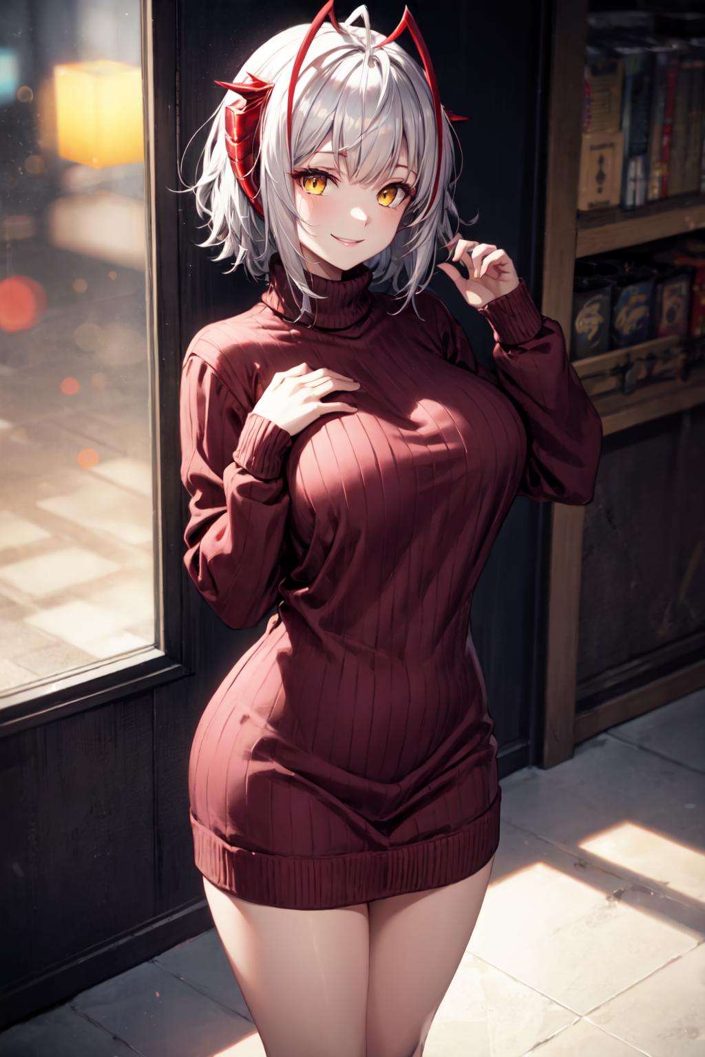 <lora:Wark-04:1>, 1girl, yellow eyes,  short hair, grey hair, solo, demon horns, ribbed sweater, sweater dress, large breasts, thighs, hand on hip,  <lora:add_detail:0.7>, standing, hand on hip:1.3, smile  <lyco:GoodHands-beta2:1> perfect hands, good hands, facing viewer, depth of field, bokeh, telephoto, 