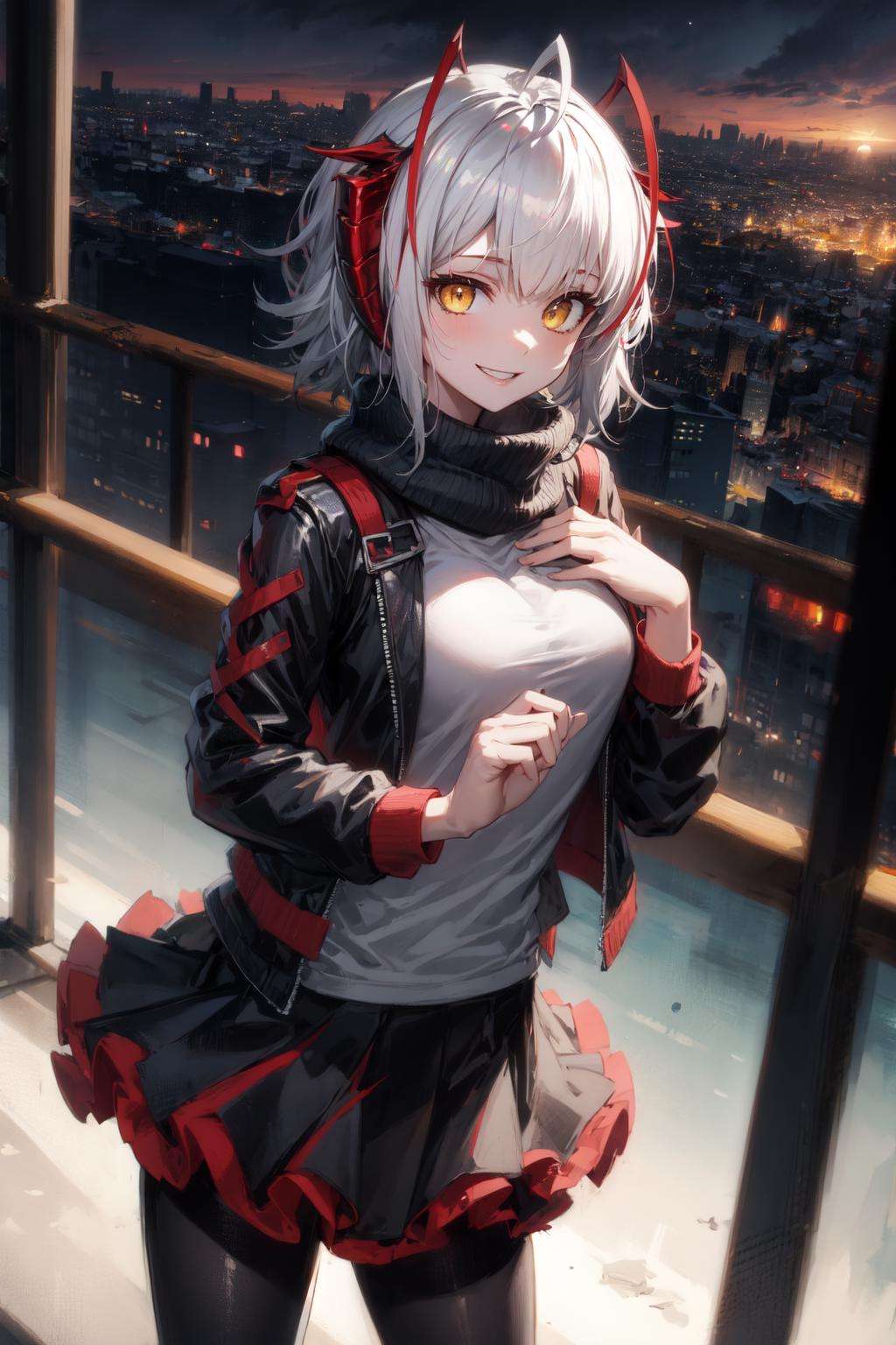 <lora:Wark-04:1>, 1girl, yellow eyes,  short hair, grey hair, solo, demon horns, black jacket, grey shirt, open clothes, pantyhose, medium breasts,  black scarf, black skirt, antennae, ahoge, cityscape, city lights,  <lora:add_detail:0.7>, standing, hand on hip, smile  <lyco:GoodHands-beta2:1> perfect hands, good hands, facing viewer, 