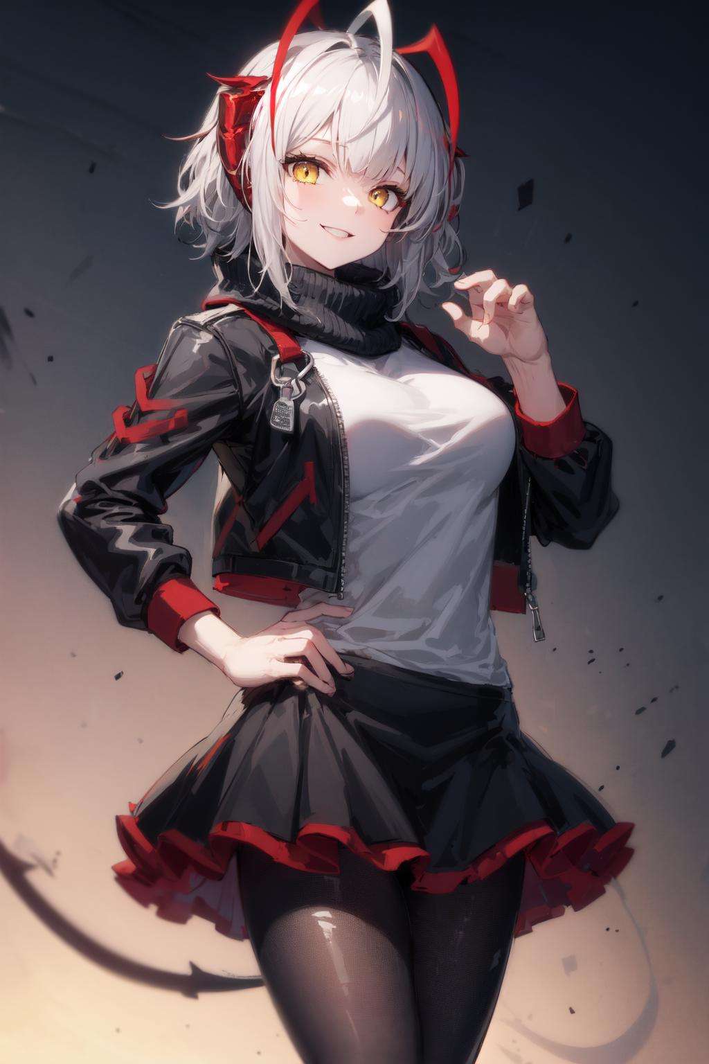 <lora:Wark-04:1>, 1girl, yellow eyes,  short hair, grey hair, solo, demon horns, black jacket, grey shirt, open clothes, pantyhose, medium breasts,  black scarf, black skirt, antennae, ahoge <lora:add_detail:0.7>, standing, hand on hip, smile  <lyco:GoodHands-beta2:1> perfect hands, good hands