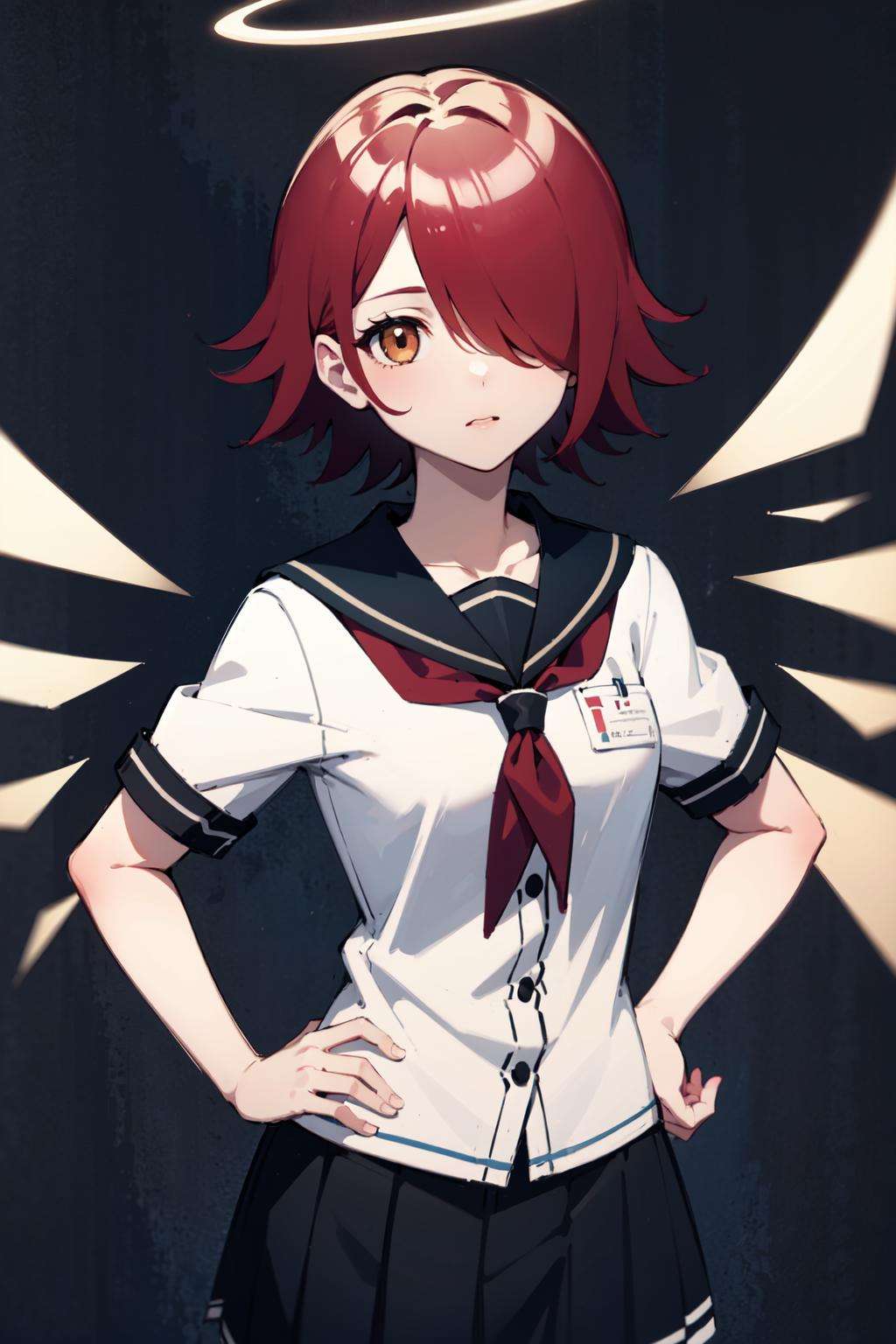 exusiai, 1girl, solo, red hair, short hair, brown eyes, hair over one eye,  school uniform, serafuku, detached wings, halo, pleated skirt,    <lora:exusiai-03:1>, hand on hip, 