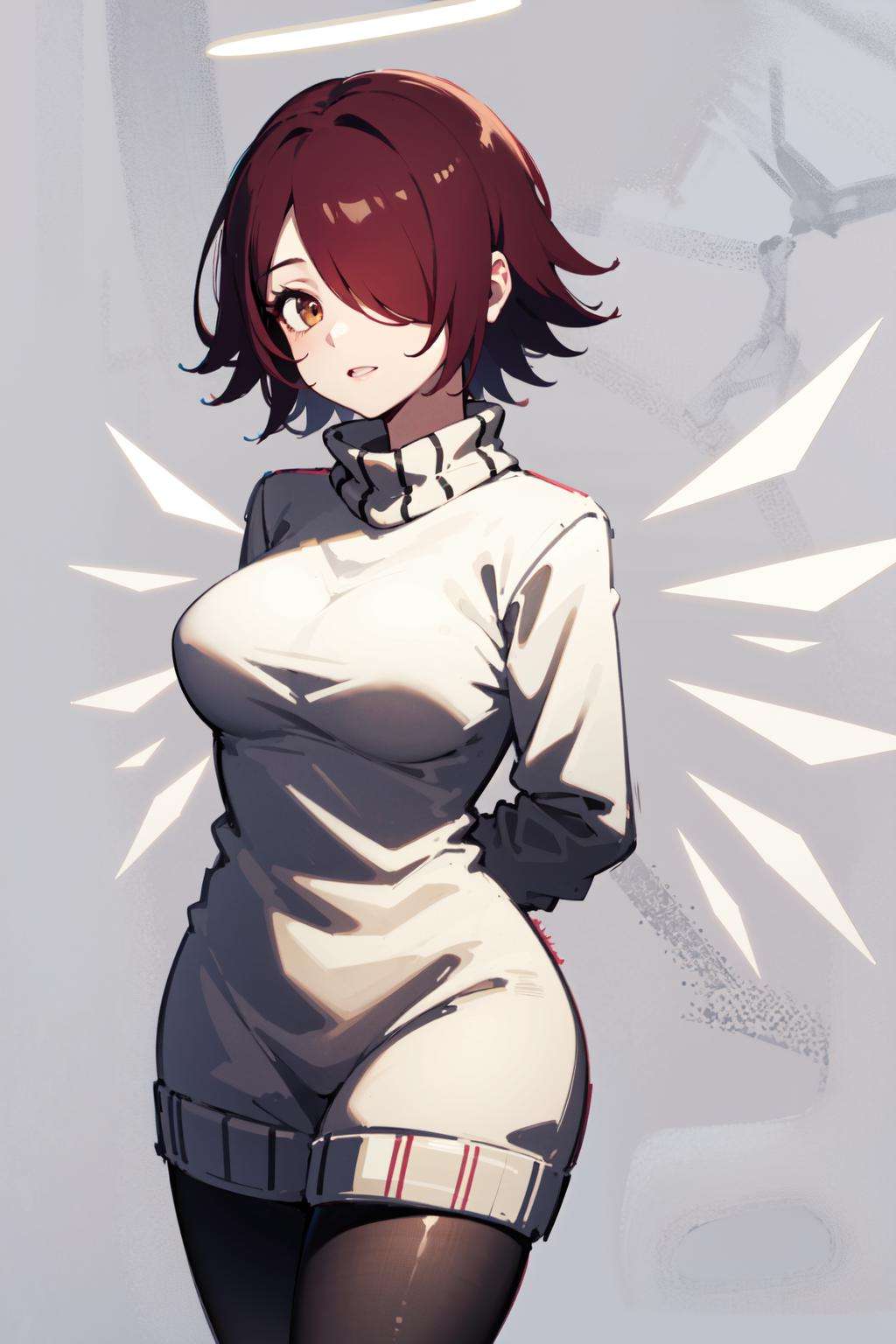 exusiai, 1girl, solo, red hair, short hair, brown eyes, hair over one eye, halo, sweater dress, pantyhose, large breasts, detached wings,   <lora:exusiai-03:1>, arms behind back, 