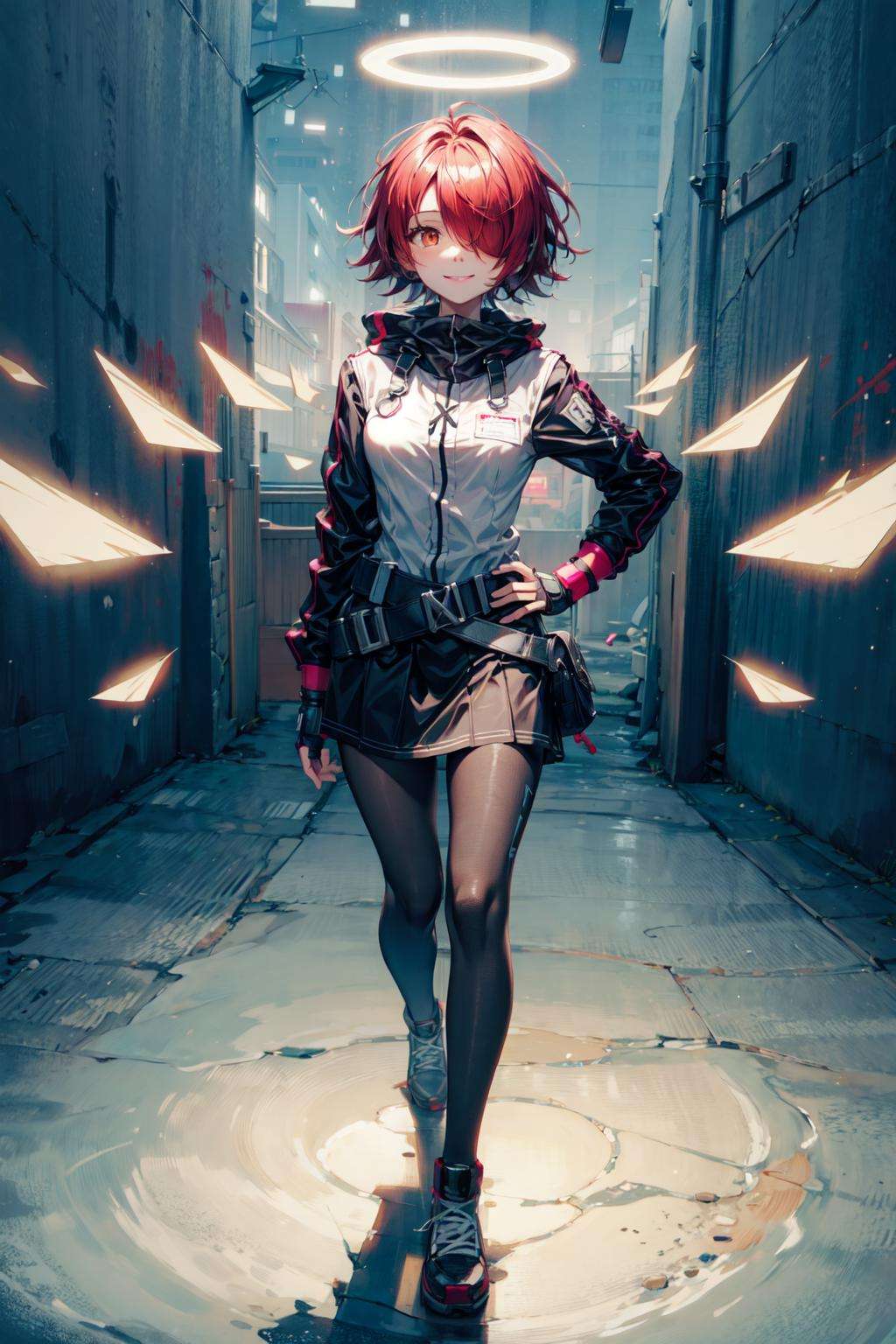 exusiai, 1girl, solo, red hair, short hair, brown eyes, hair over one eye, halo, jacket, belt, black pantyhose, detached wings, black skirt, fingerless gloves, hand on hip, smile, <lora:exusiai-03:1> <lora:add_detail:0.7>