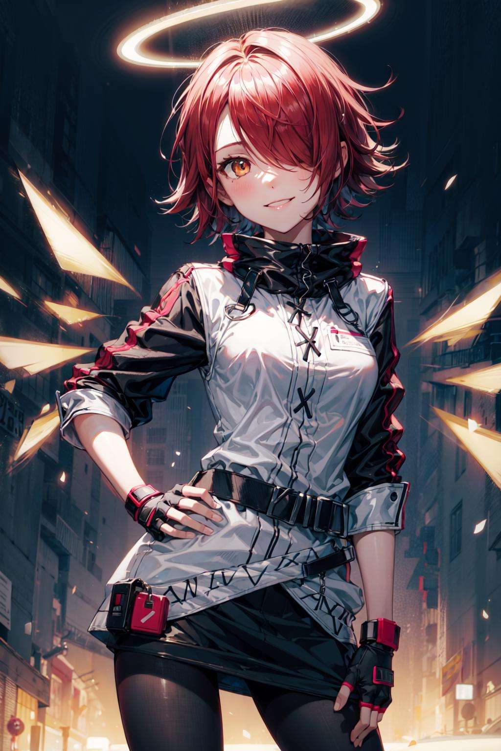 exusiai, 1girl, solo, red hair, short hair, brown eyes, hair over one eye, halo, jacket, belt, black pantyhose, detached wings, black skirt, fingerless gloves, hand on hip, smile, <lora:exusiai-03:1> <lora:add_detail:0.7> facing viewer,  <lyco:GoodHands-beta2:1>, perfect hands, good hands