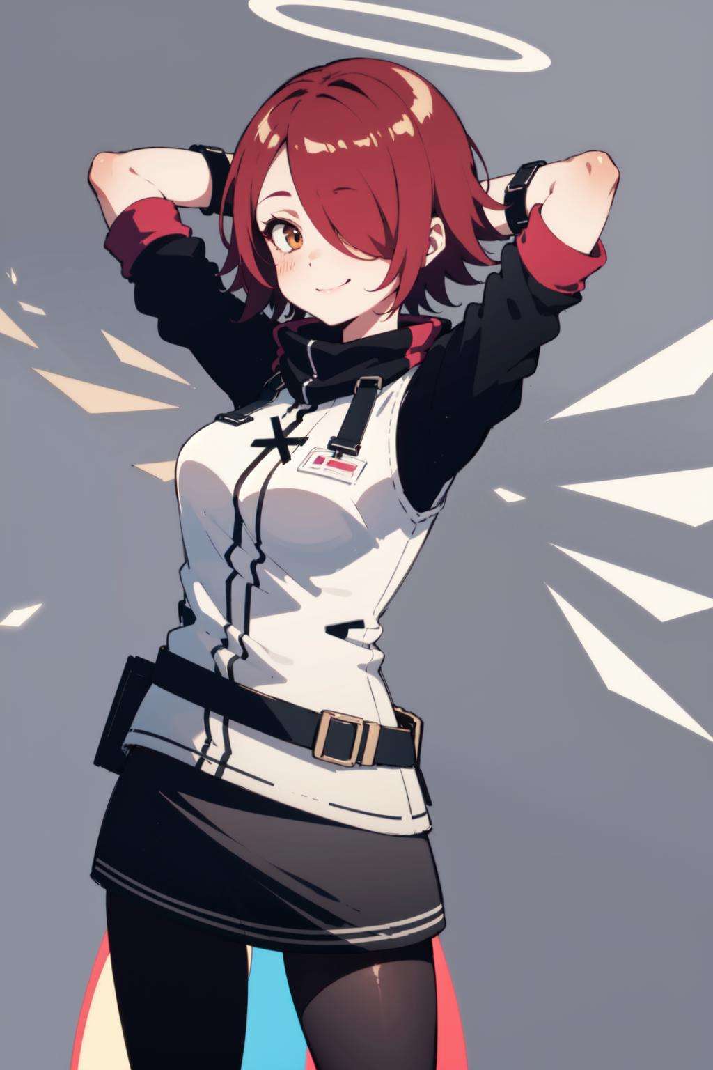 exusiai, 1girl, solo, red hair, short hair, brown eyes, hair over one eye, halo, jacket, belt, black pantyhose, detached wings, black skirt, fingerless gloves,  <lora:exusiai-03:1>, standing, arms up, arms behind head,  simple background, smile, blush