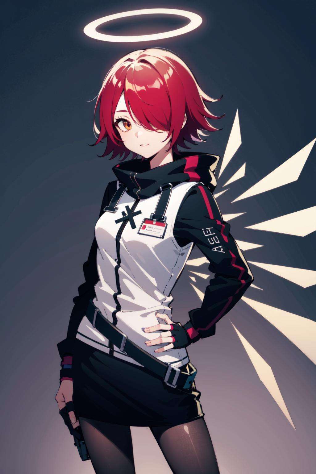 exusiai, 1girl, solo, red hair, short hair, hair over one eye, halo, jacket, belt, black pantyhose, detached wings, black skirt, fingerless gloves,  <lora:exusiai-03:1>, standing, hand on hip