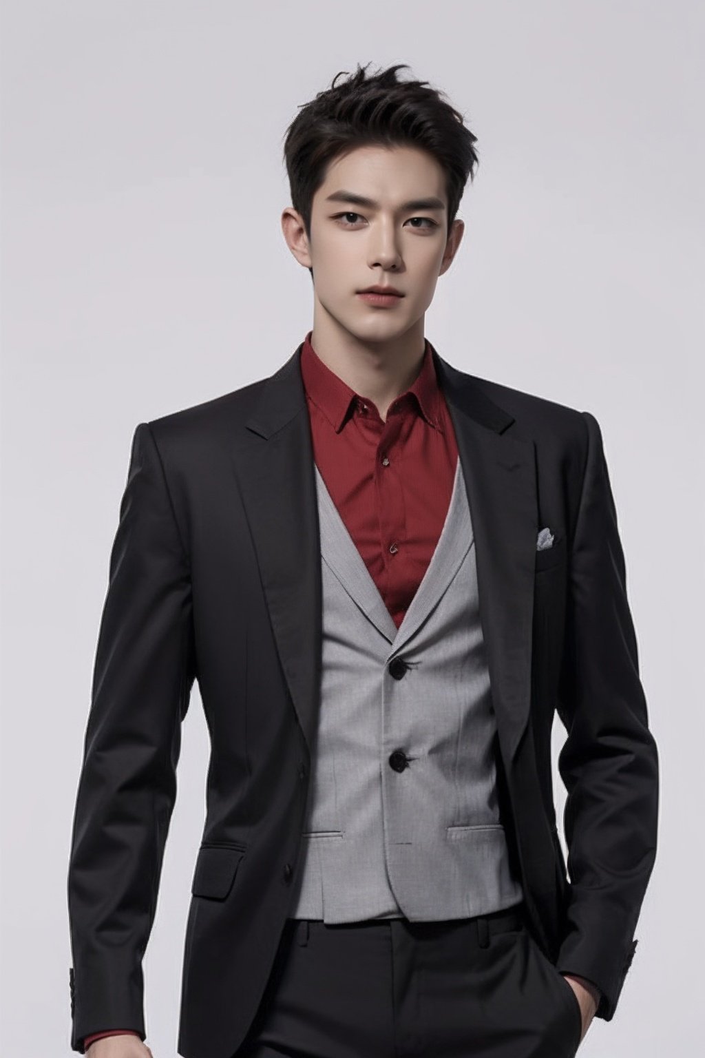 cowboy shot,1boy,solo， red  shirt,suit,looking at viewer,white background, <lora:HandsomeKoreanBoys:0.4> <lora:GFman-000002_2:0.3>