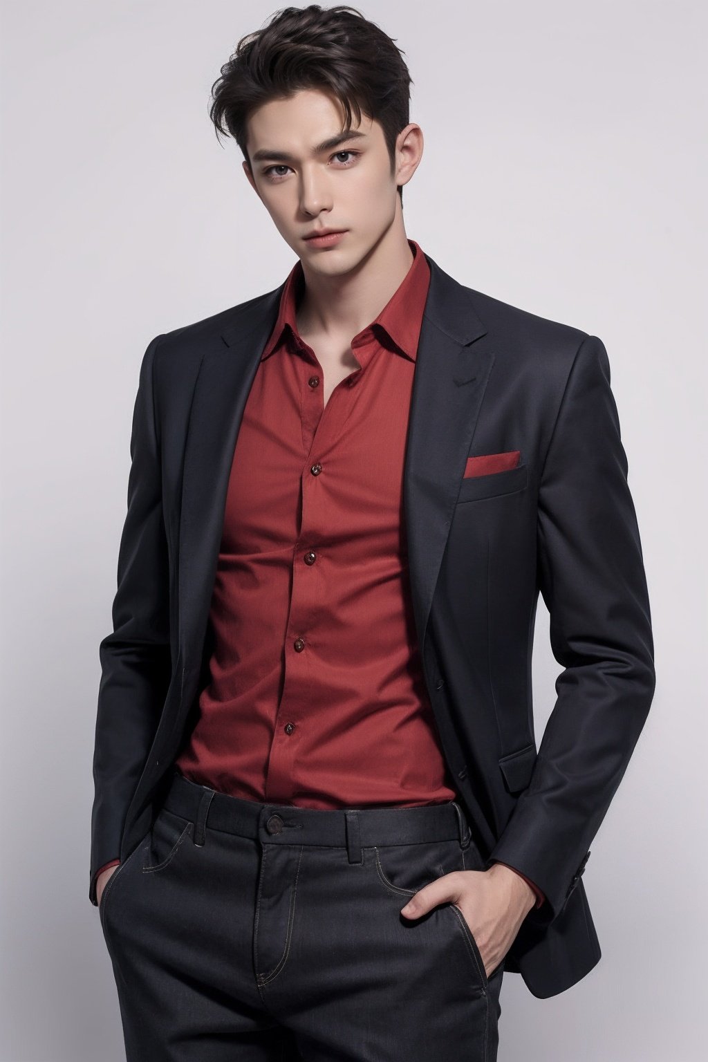 cowboy shot,1boy,solo， red  shirt,suit,looking at viewer,white background,