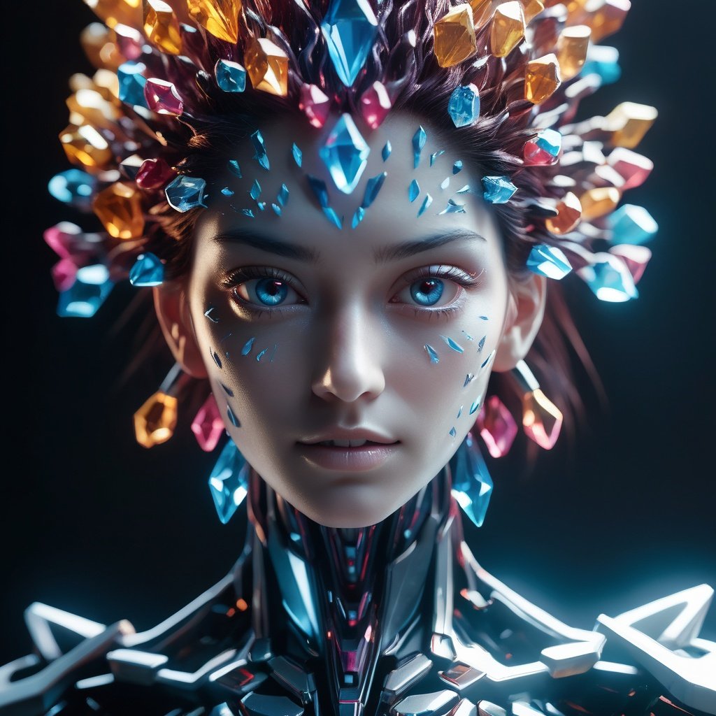 girl,Colorful crystal cluster with light melding together to forming a human female face and chest, skin made out of crystal formations, living crystal. photo, studio lighting, Sony A7, 35mm, best quality, masterpiece, 8k, UHD, hyper-realistic, big depth of field, concept art, colors, hyperdetailed, hyperrealistic, nezukonezu32, (big depth of field), (ambient light), ((cinematic))