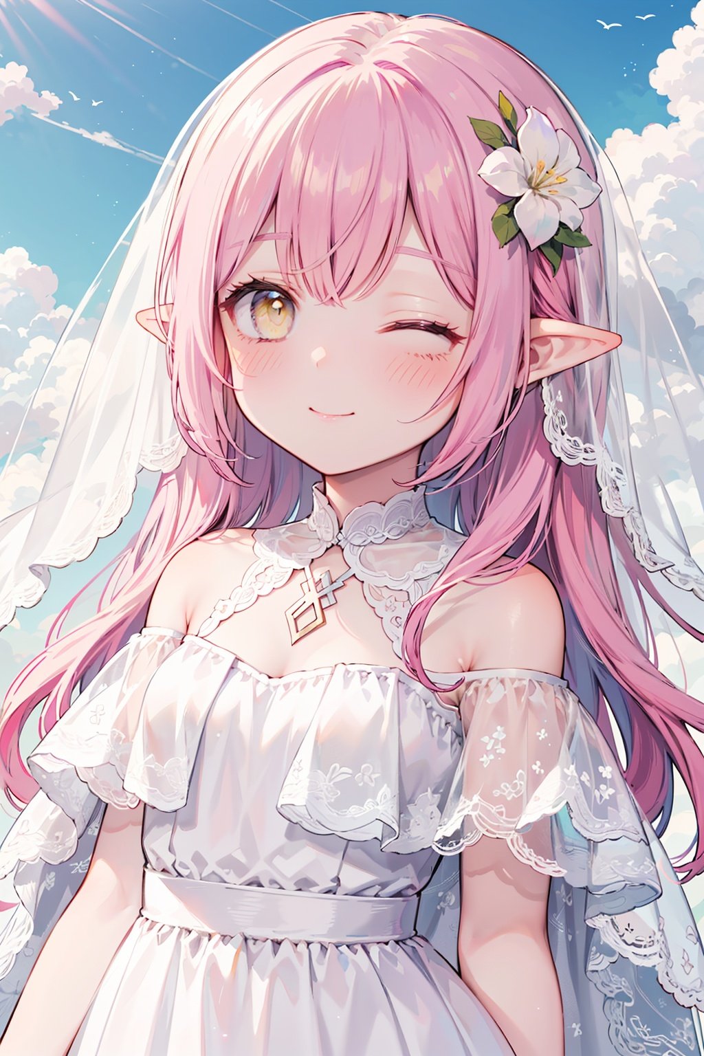 1girl,
pink hair, yellow eyes, hair cover one eye, pointy ears, long hair, hair flower, Lateral hair,
blush,
veil, wedding,lace,revealing dress,robe, sheer capelet, off shoulder,
upper body,sky,cloud,vanishing point,
eyes closed,smile