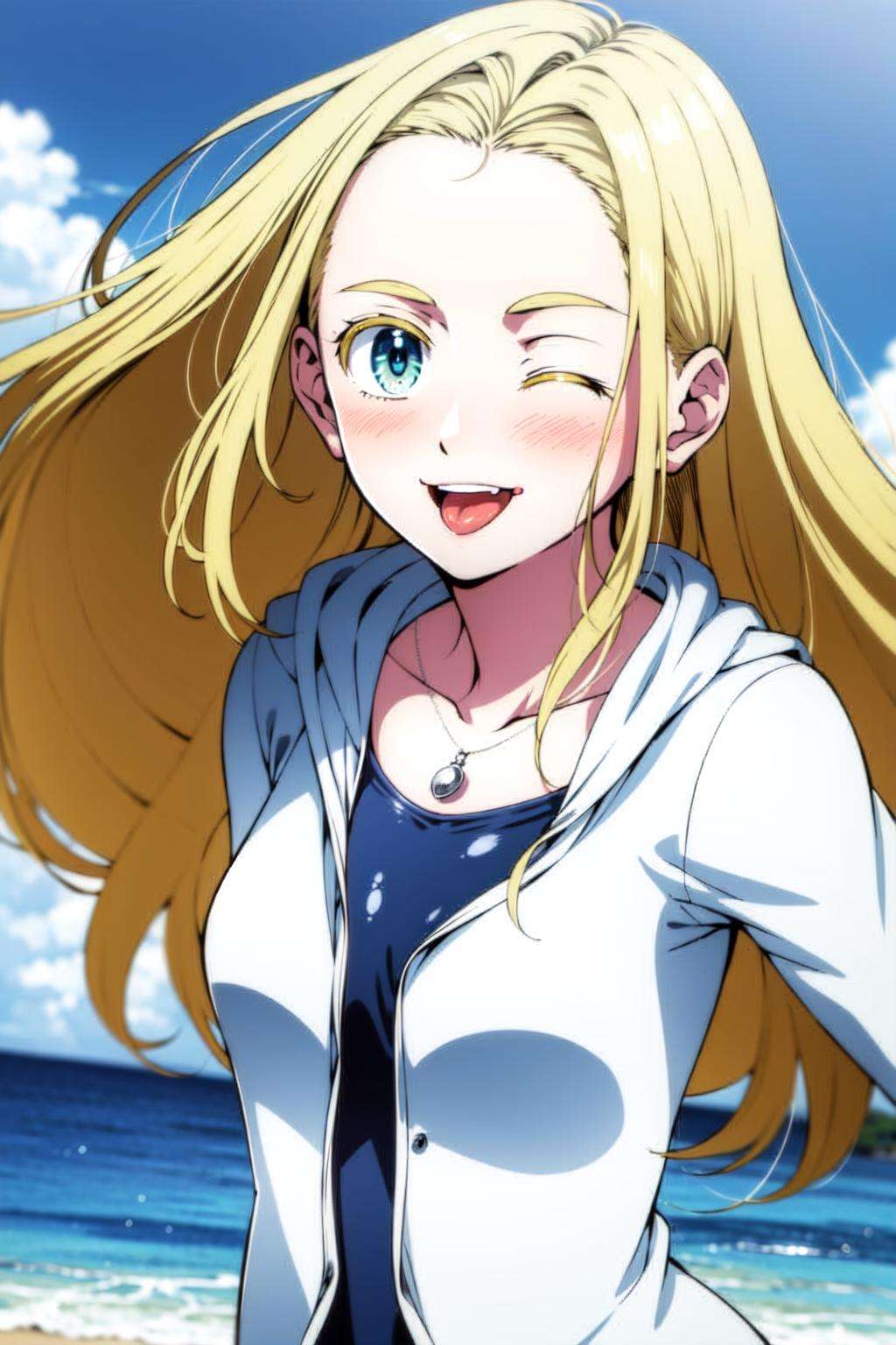 1girl, :p, ;p, blonde_hair, blue_eyes, blue_sky, cloud, day, forehead, horizon, jacket, jewelry, long_hair, looking_at_viewer, necklace, ocean, one-piece_swimsuit, one_eye_closed, outdoors, sky, smile, solo, swimsuit, tongue, tongue_out, upper_body, white_jacket, wind