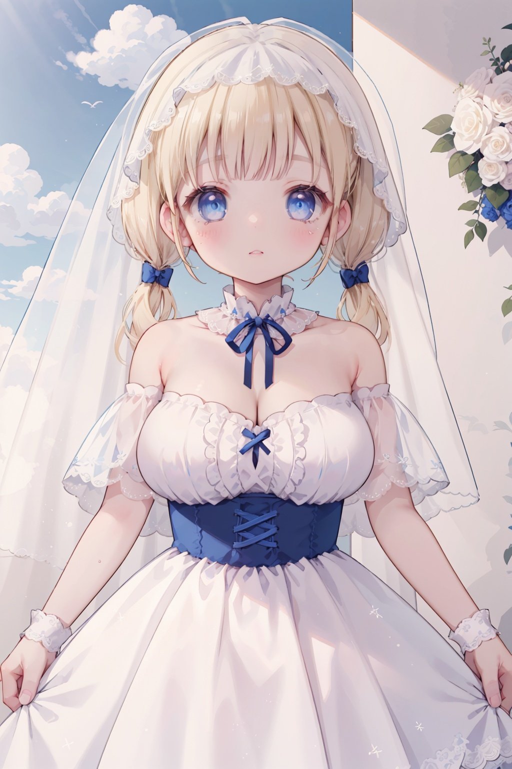 1girl,
blonde hair, long hair, blue eyes,large breasts,twintails
blush,
veil, wedding,lace,revealing dress,robe, sheer capelet, off shoulder,
upper body,sky,cloud,vanishing point