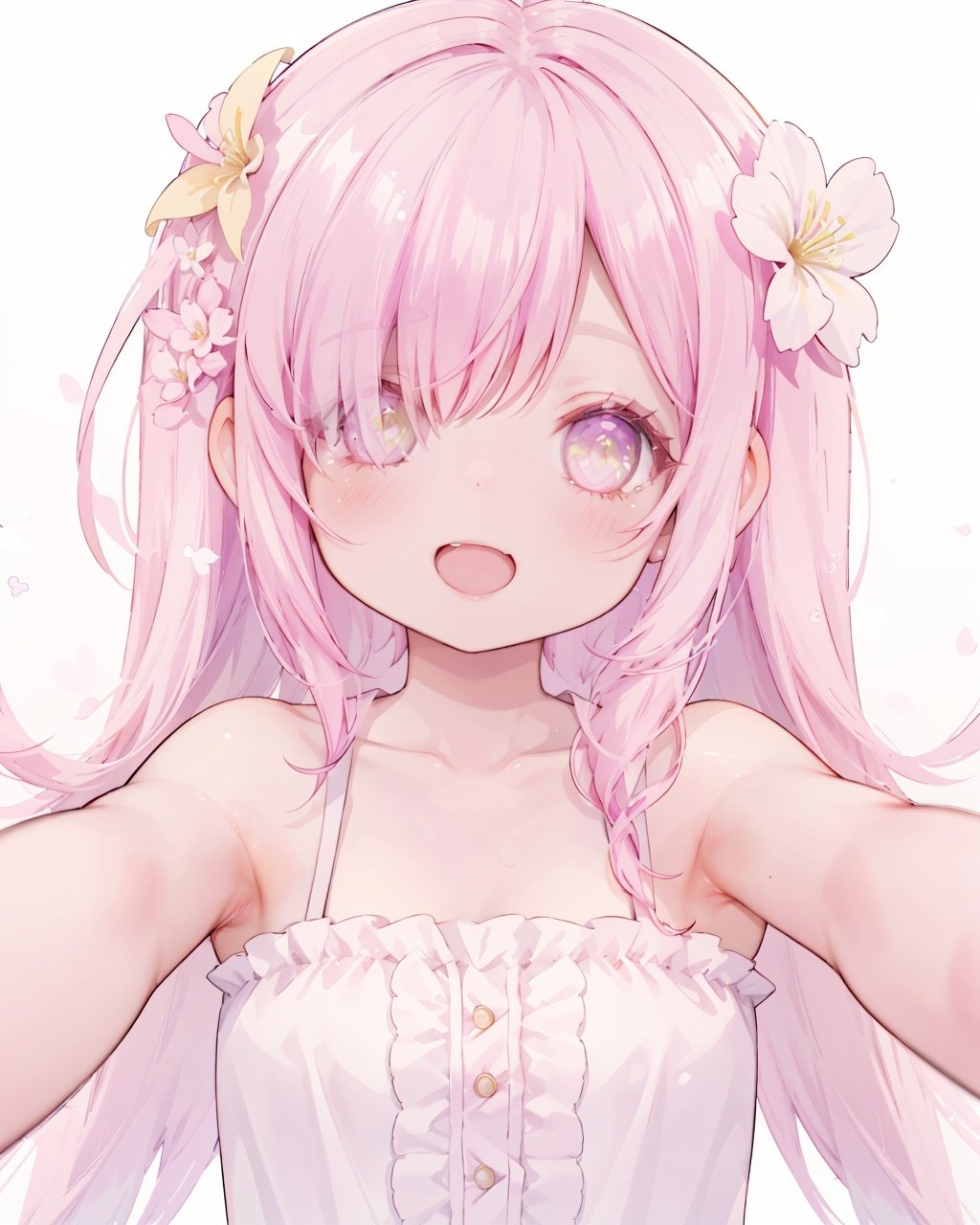 1girl, solo,looking at viewer,collarbone, blush,bare arms, bare shoulders, reaching out,close range, 

pink hair, yellow eyes, hair cover one eye, pointy ears, long hair, hair flower, Lateral hair,

bare shoulders,blush,light smile,open mouth, winking, standing,upper body,white background, 