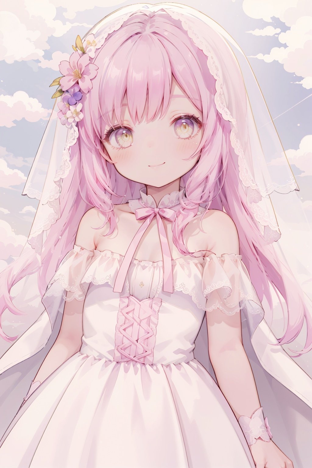 1girl,
pink hair, yellow eyes, hair cover one eye, pointy ears, long hair, hair flower, Lateral hair,
blush,
veil, wedding,lace,revealing dress,robe, sheer capelet, off shoulder,
upper body,sky,cloud,vanishing point,
eyes closed,smile