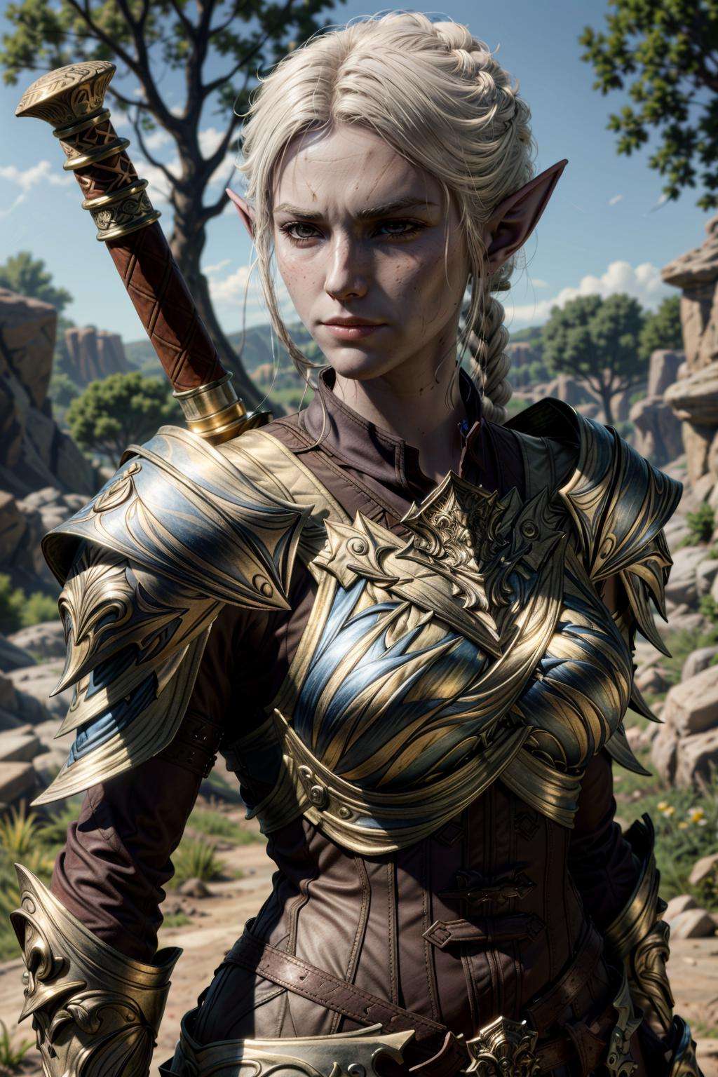 MintharaBG, solo, pointy ears, 1girl, armor, elf, blurry background, outdoors, breastplate, weapon, blurry, day, shoulder armor, tree, sword, upper body, colored skin, braid, white hair, brown eyes, closed mouth, blonde hair, lips, realistic,masterpiece, best quality,<lora:epi_noiseoffset2:1>,  <lora:add_detail:0.7>,  <lora:MintharaBG:0.7>