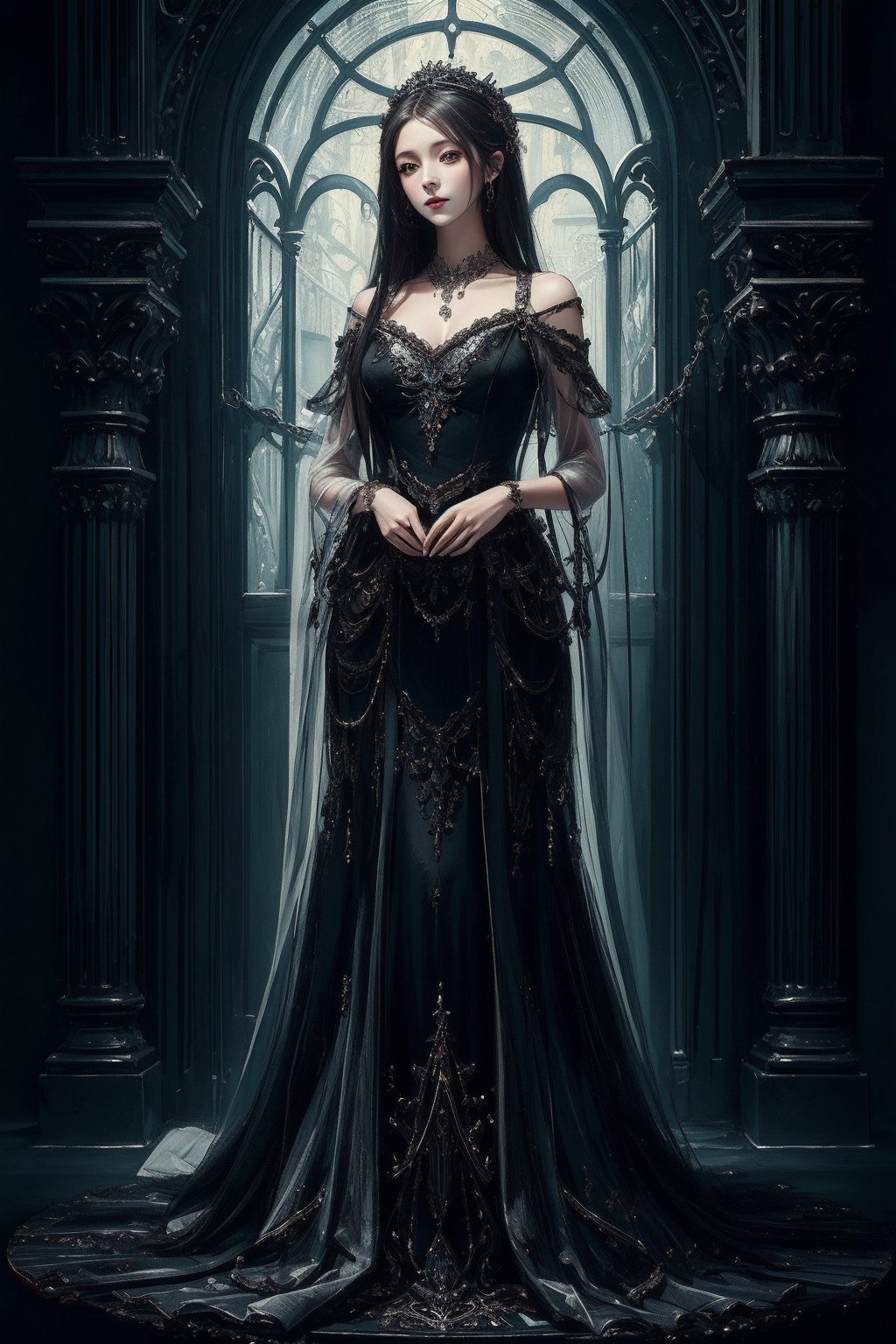 (((masterpiece,best quality))),((good structure,Good composition,good atomy)), ((clear, original,beautiful)),,1girl, long hair,fantasy black theme,dress