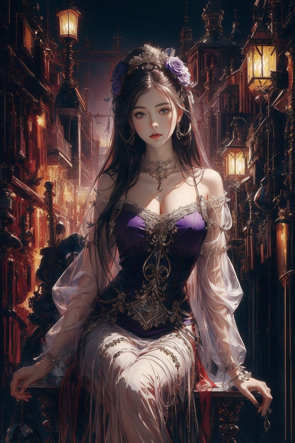 (((masterpiece,best quality))),((good structure,Good composition,good atomy)), ((clear, original,beautiful)),,1girl, long hair,sitting,purple theme,  