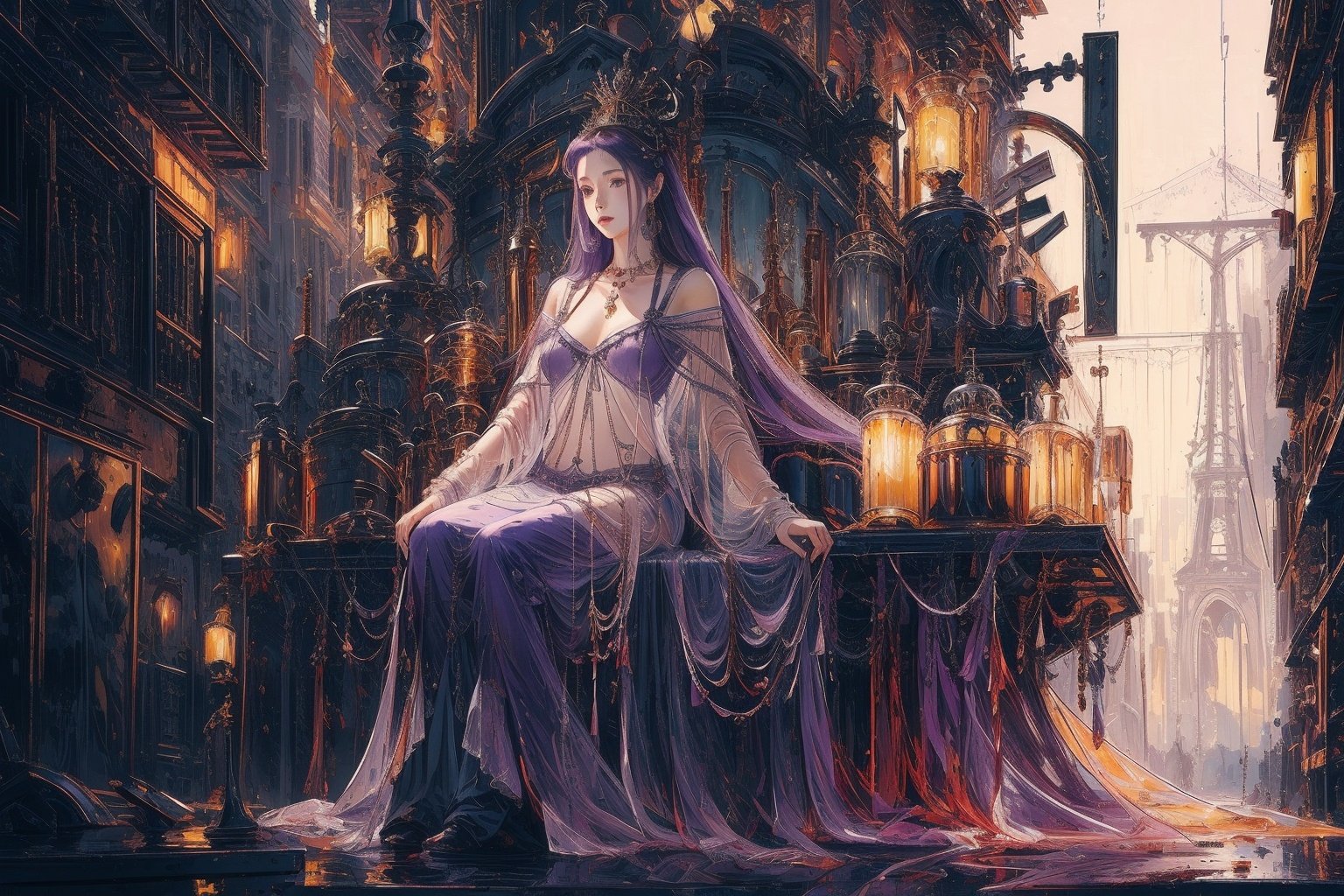 (((masterpiece,best quality))),((good structure,Good composition,good atomy)), ((clear, original,beautiful)),,1girl, long hair,sitting,purple theme,  