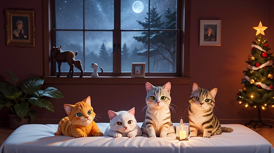 (artwork), (masterpiece), (detailed eyes), (shading), (extremely detailed CG 8k unity wallpaper), (wit studio indirect lighting), (amazing drawn illustration), (best illustrative performance),Winter style, many cute kittens (orange, white, black, blond, white and orange), ((full body)), sleeping comfortably in a large living room, feather stick, cat streamer frame, stuffed animal, window, cozy good vibes, nighttime, wonder, christmas, pixiv, snowflakes, happiness and fun, depth of field, illuminated backgrounds, reflections, holograms,photo r3al