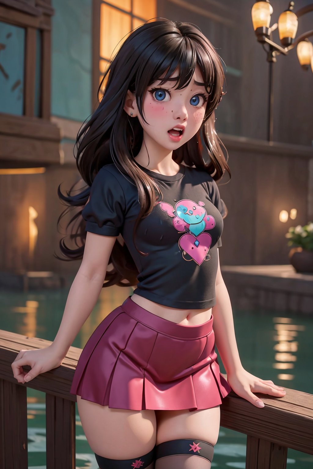 masterpiece, best quality, highly detailed background, perfect lightingbest qualit,ultra hyper-detailed,8K_wall paper,(Beautiful eyes),((a cute)),(Wonderful),(erotick),anime moe art style,1girl in,Solo,,Mini skirt,1girl in,,black har,shirts,Long hair,,Navel,Dutch Angle,cowgirl position,Small breasts,,(((zettai ryouiki))),Wet T-Shirt:1.5,Short sleeves,Open mouth,double tooth,