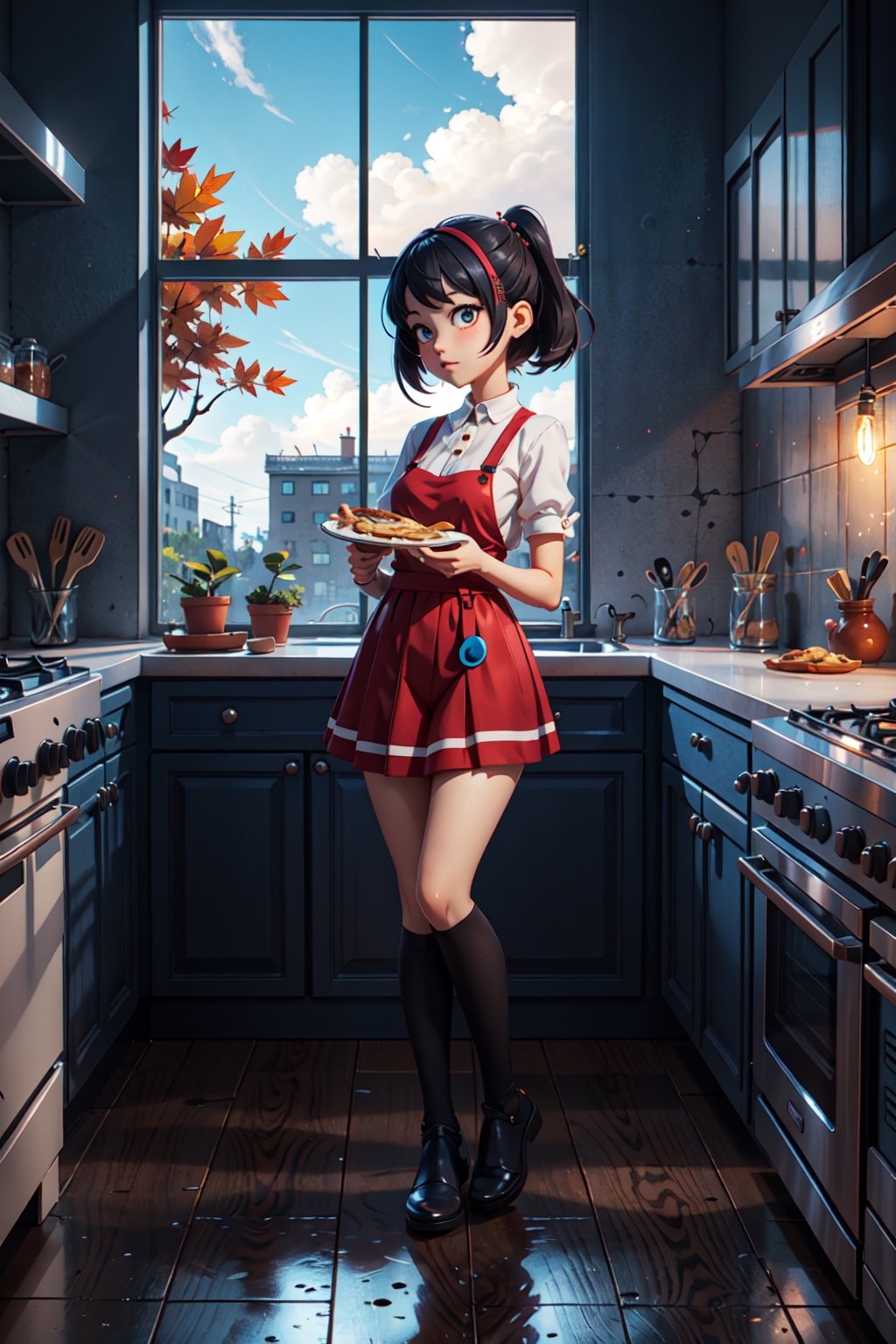 anime girl holding a pie in a kitchen with a window in the background, artwork in the style of guweiz, guweiz, 🍁 cute, guweiz on pixiv artstation, anime food, guweiz on artstation pixiv, pixiv contest winner, anime visual of a cute girl, pokimane, digital art on pixiv