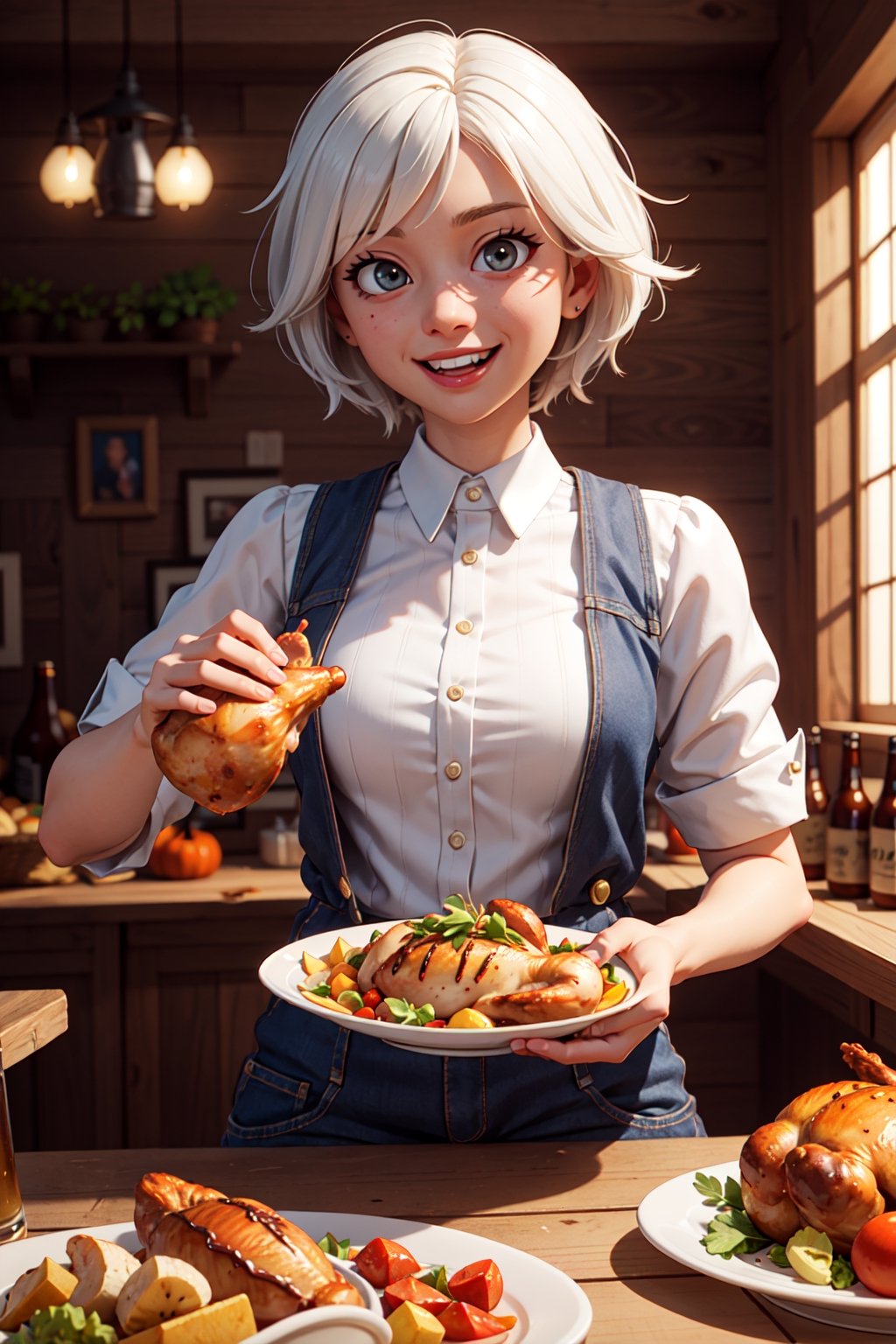 , Thanksgiving,(masterpiece:1.2, best quality), (real picture, intricate details), raytracing, detailed face, extremely detailed CG unity 8k wallpaper, 1girl, white hair, dynamic angle, smile , golden eye , eating , foods , big roast chicken , drool , beer