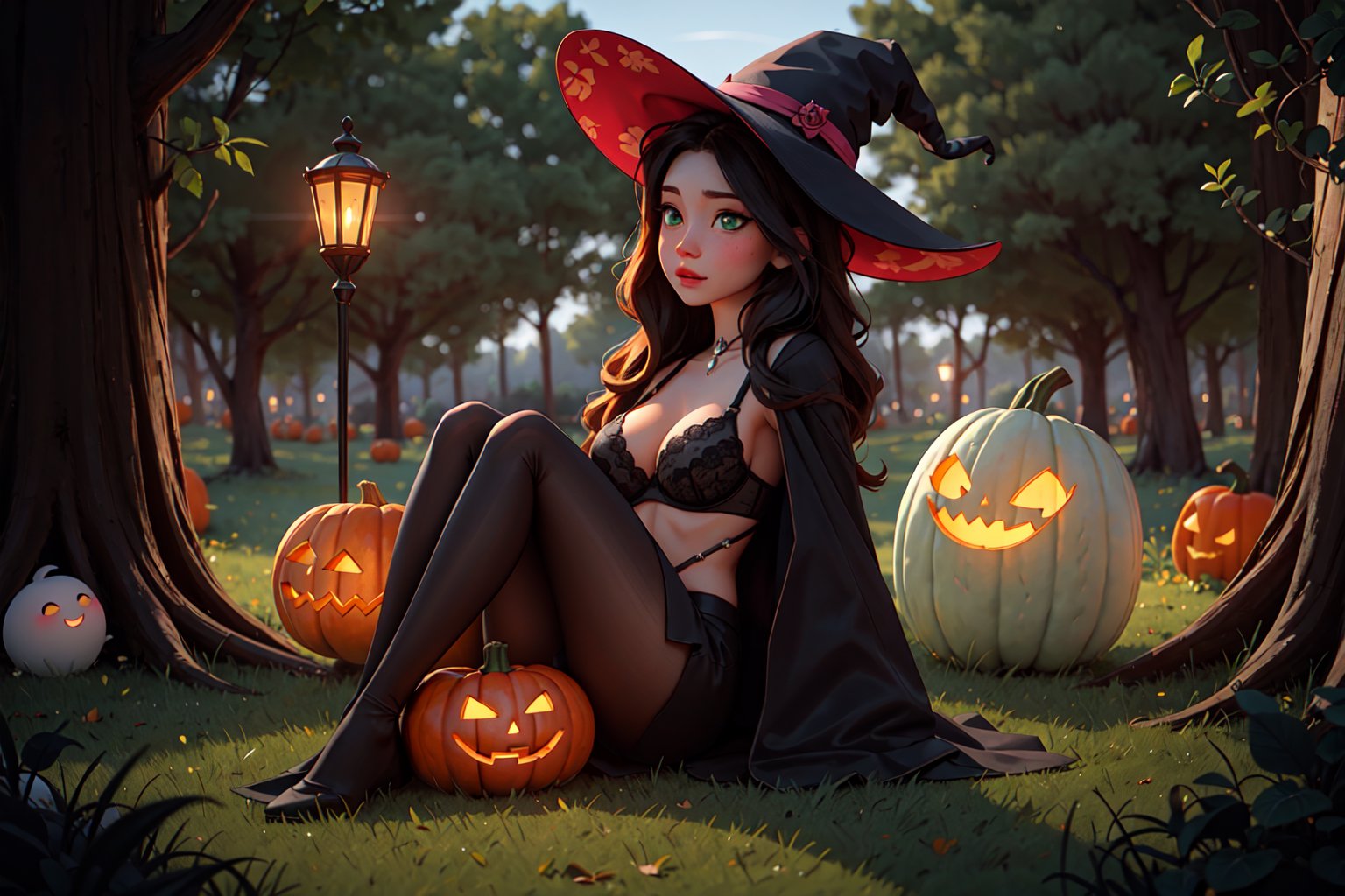 masterpiece, 8k, best quality, cute girl, witch, long black curly hair, green eyes, blush, big boobs, black bra, hourglass bodyshape, sitting on pumpkin, dark forest, ghost behind, darkness, atmosferic, midnight,SAM YANG